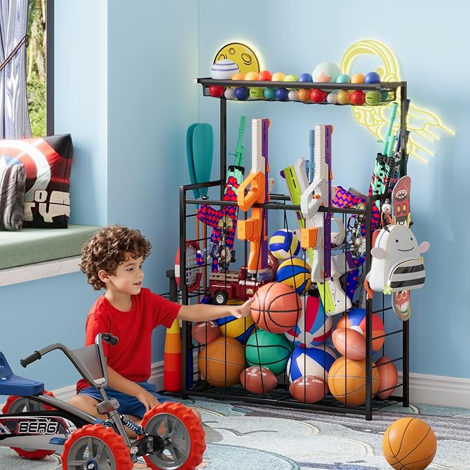 Large Sports Equipment Organizer, Garage Storage Ball Rack with Elastic Straps and 3 Hooks, Outdoor Toy Organizer Stand, Garage Organization Storage Rack for Basketball, Football, Soccer, Volleyball
