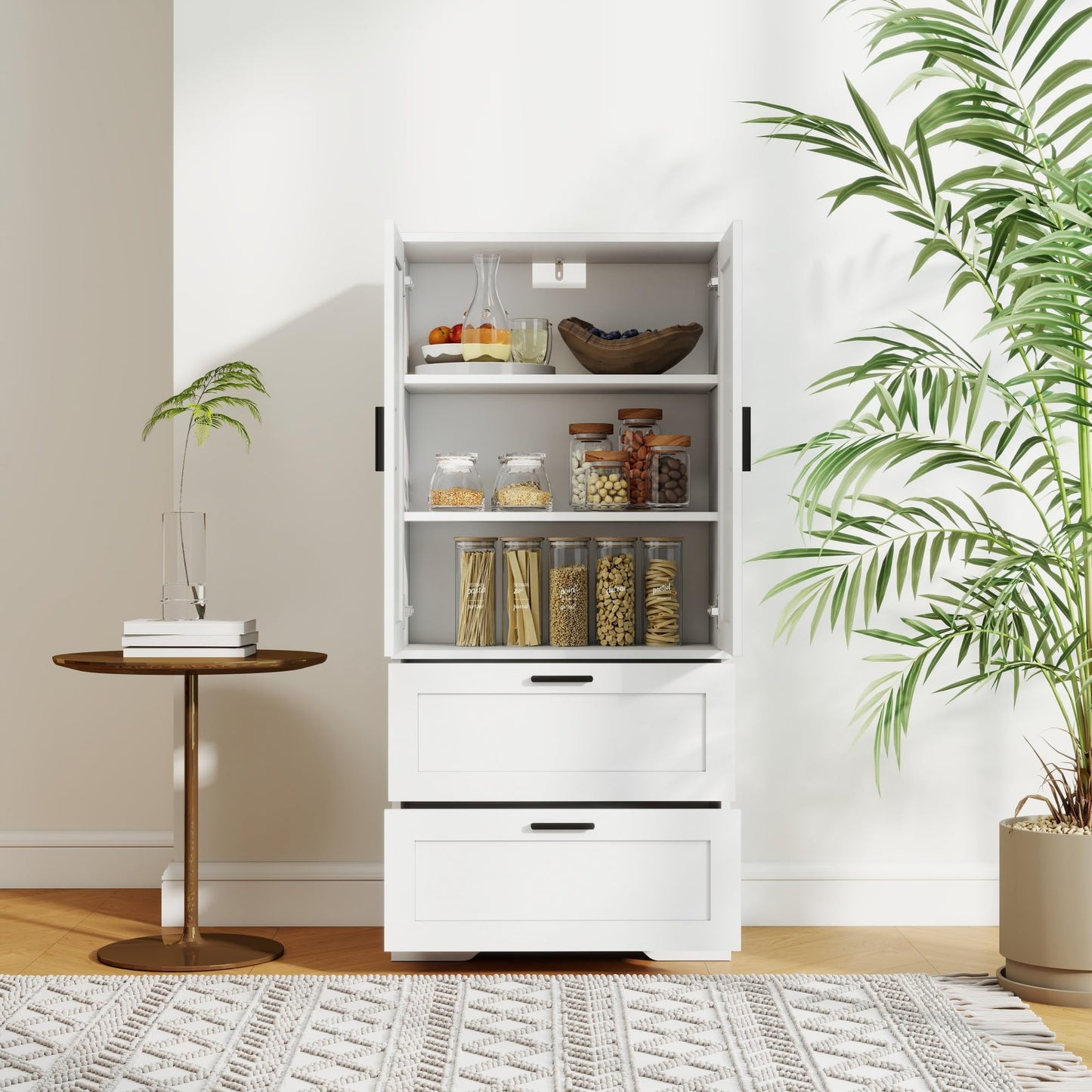 2 Door Tall Kitchen Pantry Storage, Collection Food Free Standing Wooden Storage Cabinet with 2 Drawers and Adjustable Shelves, Modern Farmhouse Versatile Storage for Kitchen, Dining Room (White)