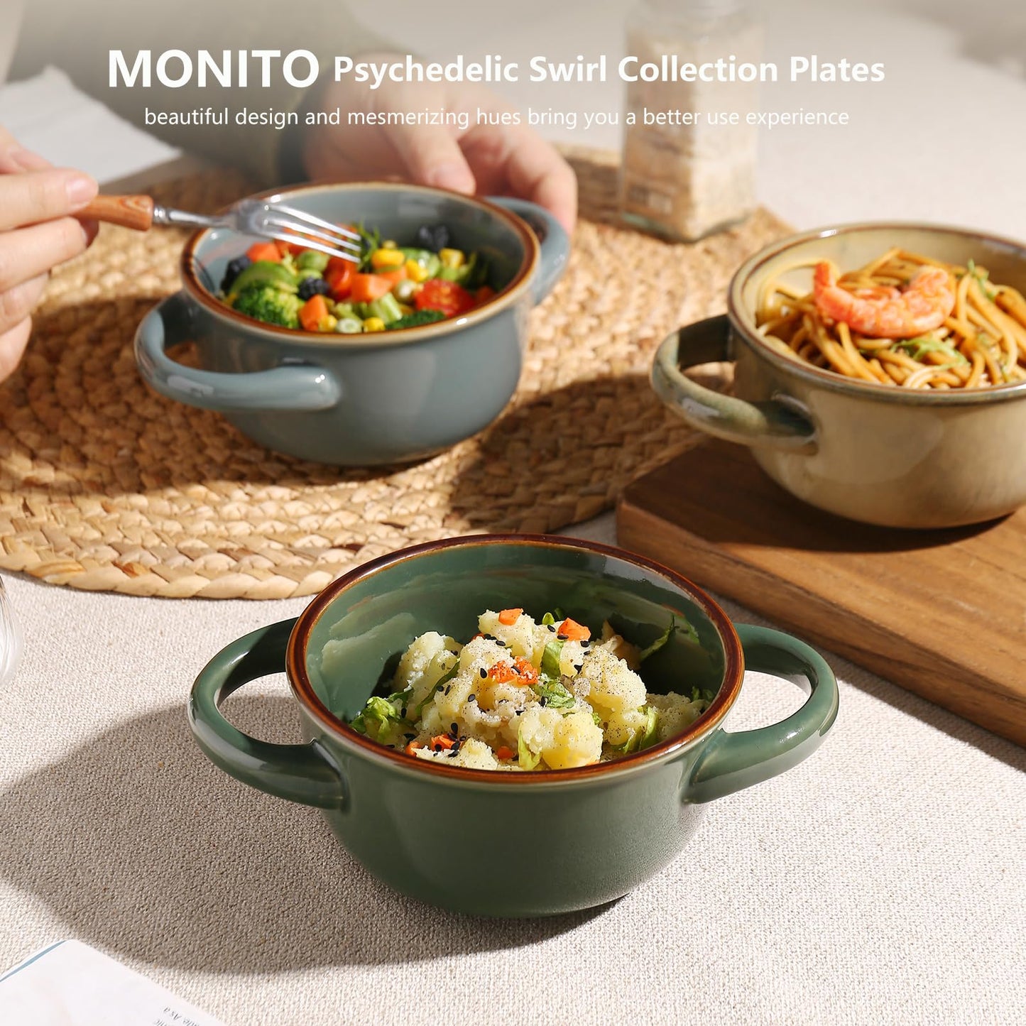 MONITO Ceramic Soup Bowl with Handles, 16 oz French Onion Soup Bowls, Ceramic Soup Bowls for Cereal, Pasta, Chilli, Beef Stew, Stackable Serving Bowl Set of 4 (16 OZ)