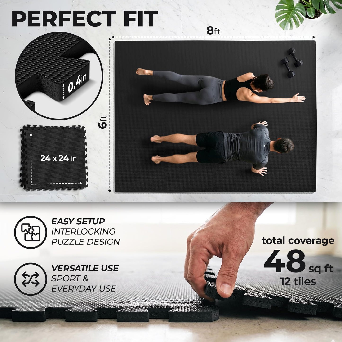 bemaxx Gym Mats Set - 12 pcs EVA Interlocking Foam Floor Tiles (24.4"x24.4"x0.4") 48 sqft Protective Gym Flooring Sports Home Workout Exercise Mats Puzzle Garage Fitness Play-Room Pool Treadmill Bike