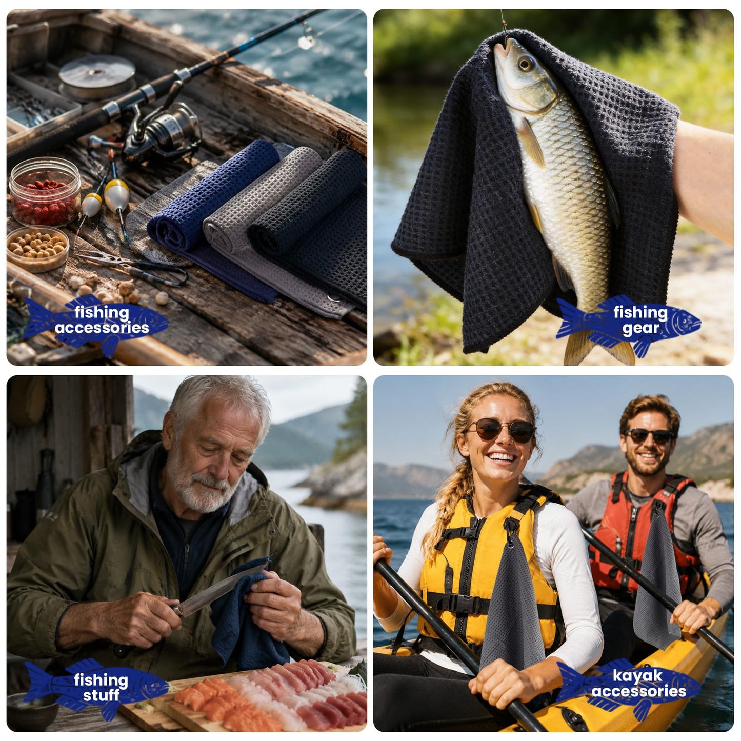 Puomue 3 Pack Microfiber Fishing Towels with Clip, 16" X 16", Waffle Pattern for Effective Cleaning of Fishing Gears or Dirty Hands, Perfect for Camping Towels and Hiking Towles