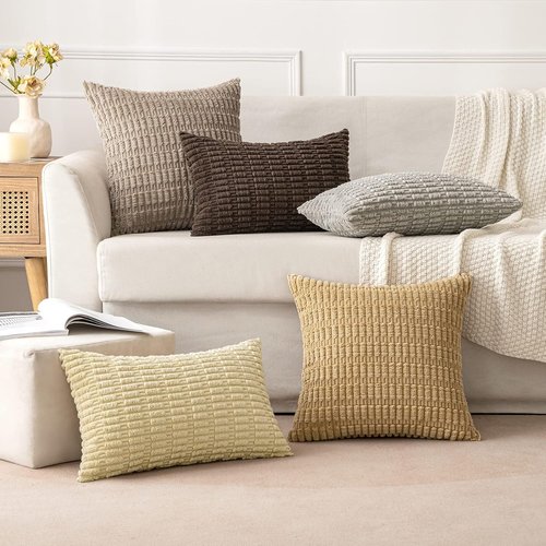 MIULEE Corduroy Throw Pillow Covers - Soft Boho Striped Design | 16x16 Inch Dark Brown for Modern Home Decor