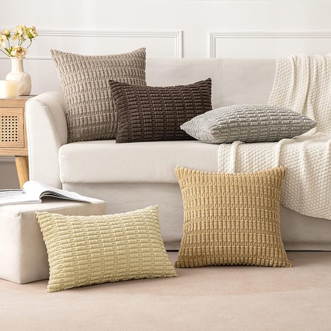 MIULEE Pack of 2 Corduroy Decorative Throw Pillow Covers 20x20 Inch Soft Boho Striped Pillow Covers Modern Farmhouse Home Decor for Sofa Living Room Couch Bed Beige