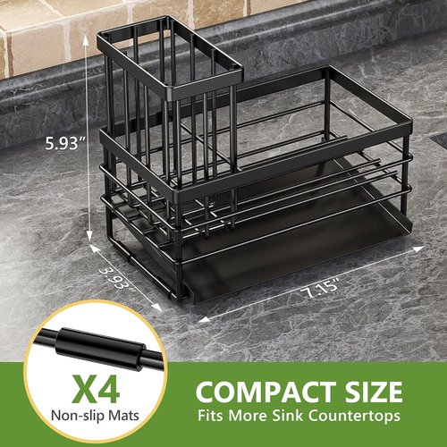 Cisily Sink Caddy - Rustproof Kitchen Organizer with Brush Holder & Self-Draining Tray | Black