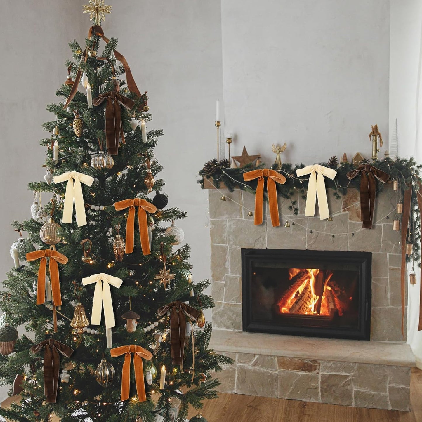 Skiennix Velvet Bows - 24 Pcs Christmas Tree Ornaments | Coquette Wedding Decor in Brown & Beige (5 x 7 Inch)