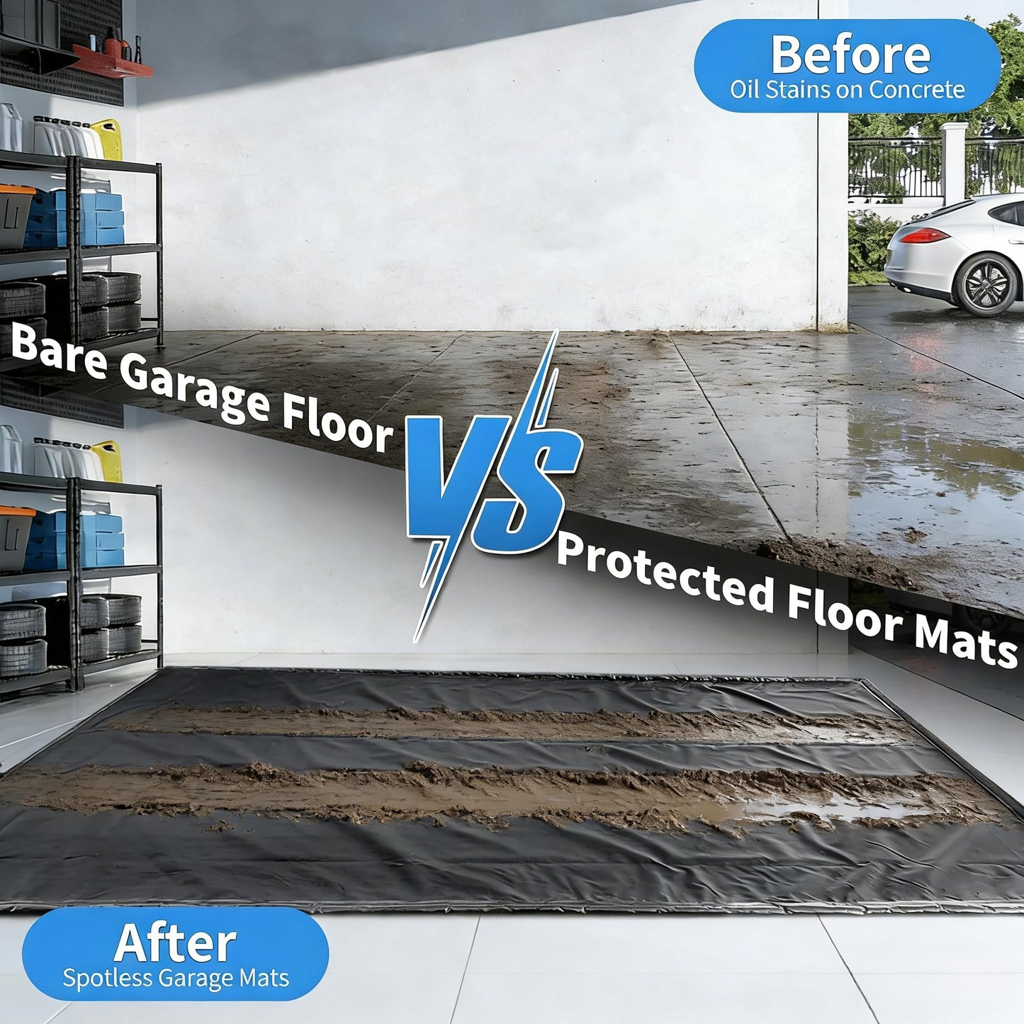 MIALUTY® Garage Floor Mat,(8'6" x 20'),Heavy Duty PVC Under Car Containment Mat with Raised Edge Waterproof Oil-Proof Non-Slip Against Snow Rain Mud All-Weather Easy to Clean