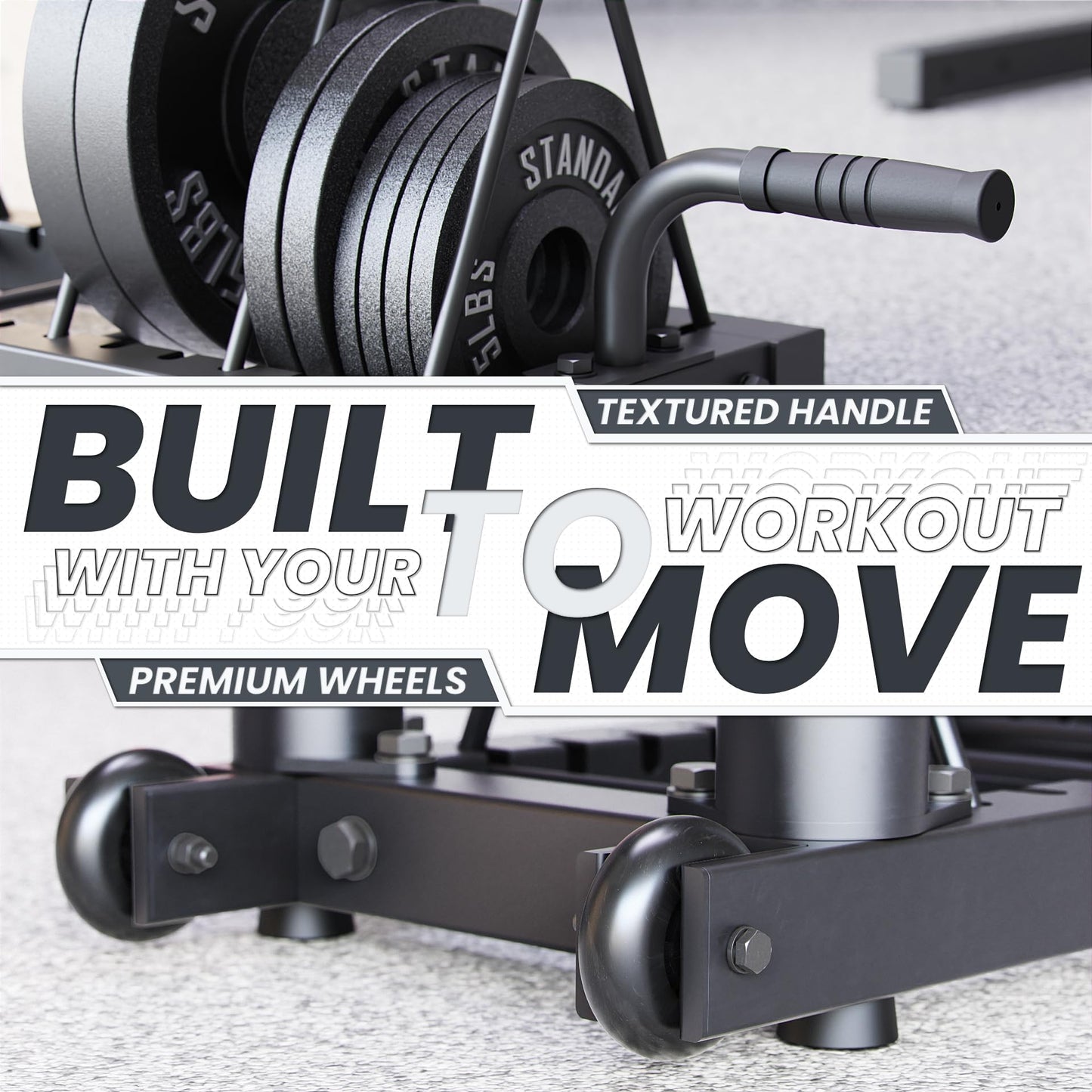Synergee Horizontal Plate Storage Rack with Barbell Holders – Interchangeable Dividers, 350 lb Capacity, Fits Bumper & Cast Iron Plates, Wheels for Easy Mobility