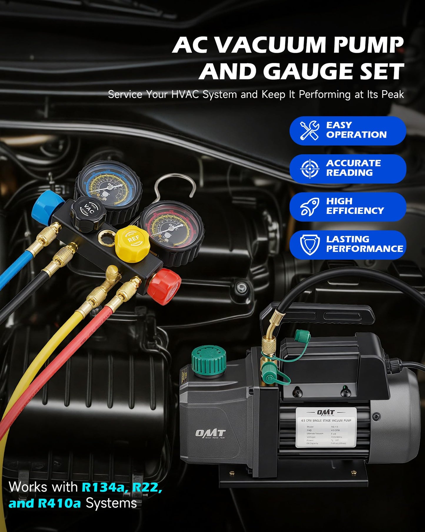Orion Motor Tech AC Vacuum Pump and Gauge Set, 1/3 HP 4.5 CFM HVAC Vacuum Pump Kit with Leak Detector, 4 Hoses & Manifold Gauge for R134a R22 R410a, A/C Vacuum Pump Kit for Auto & Home HVAC Systems