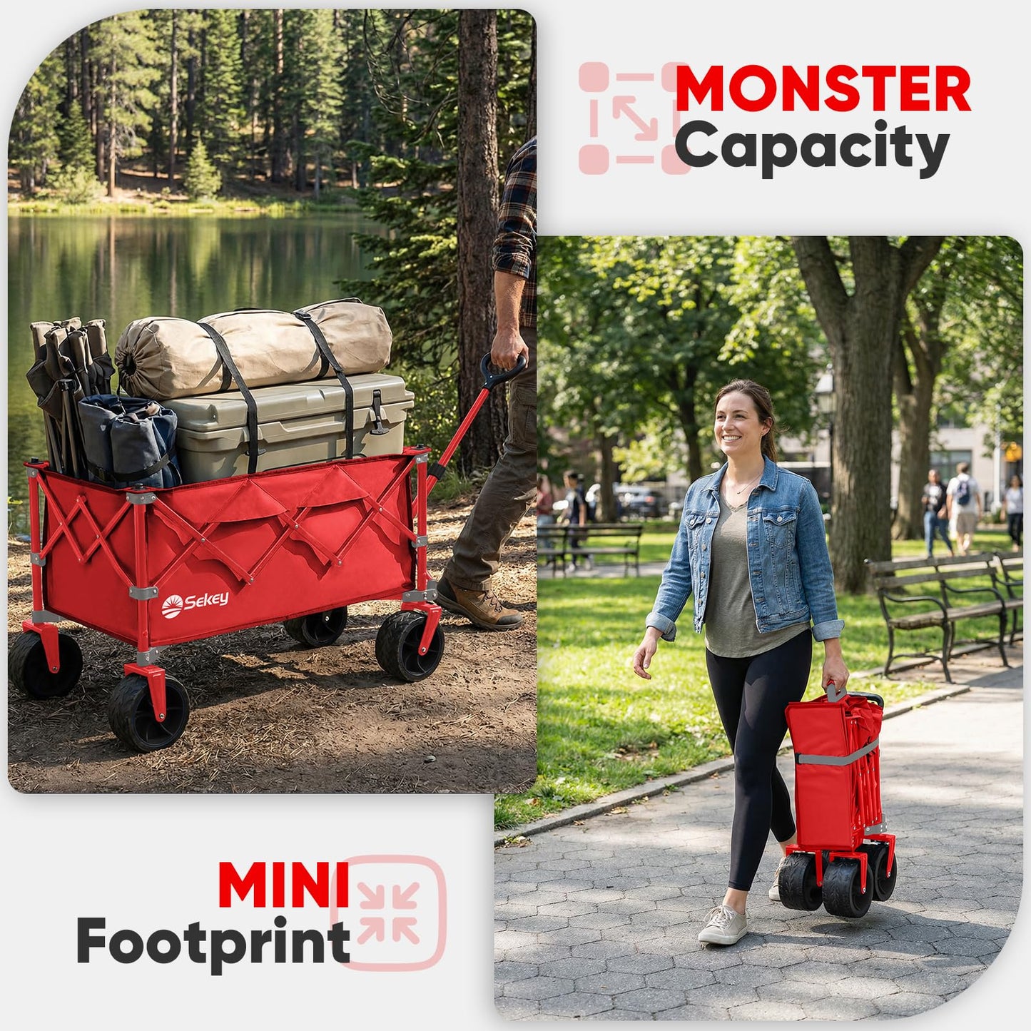 Sekey 150L Wagons Carts Foldable with Big All-Terrian Beach Wheels, Collapsible Heavy Duty Wagon, Extra Large Folding Wagon, Foldable Wagon for Camping, Garden, Sports. Red