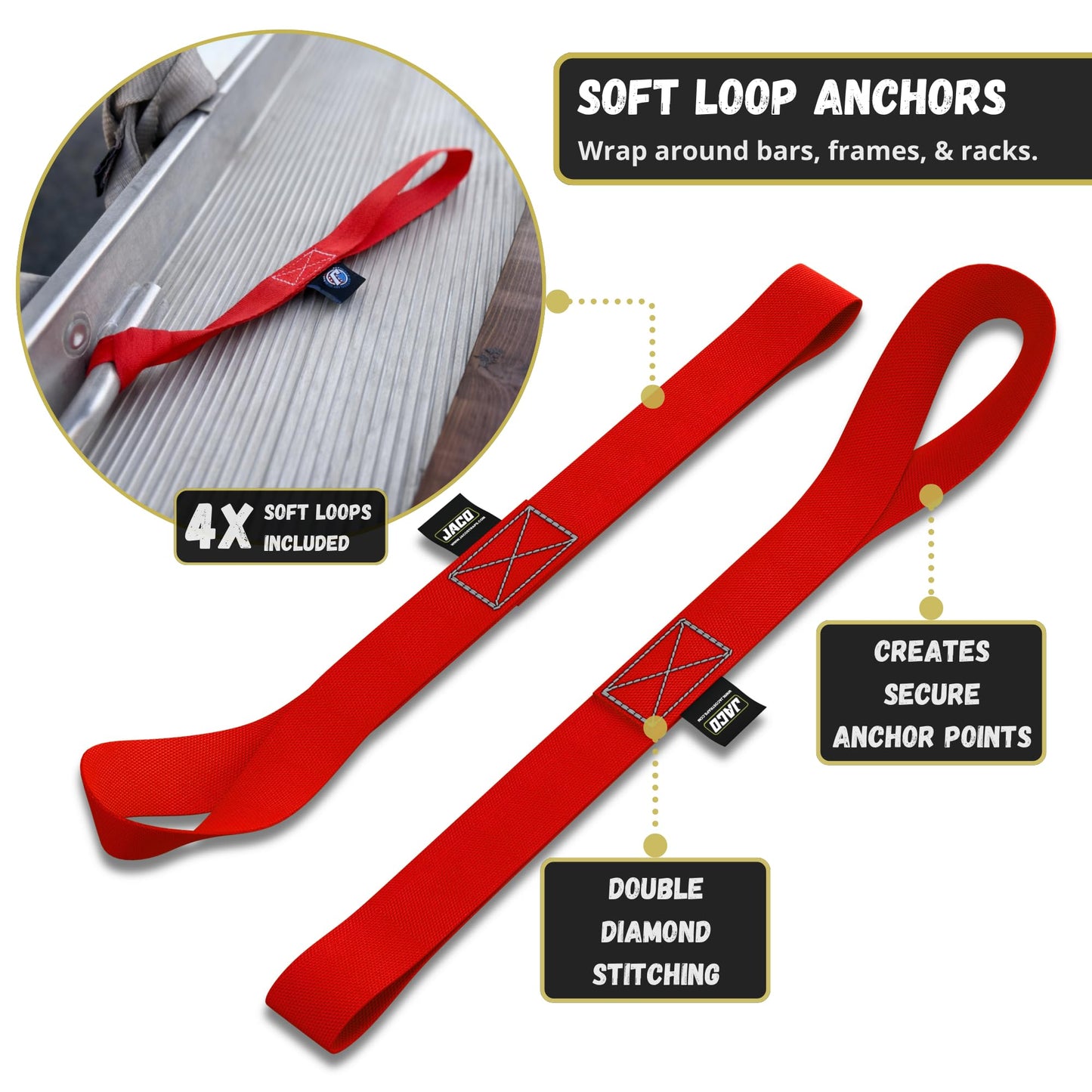 JACO Retractable Ratchet Straps Tie Down Kit (4-Pack) - 1 inch x 15 ft. (1,763lb Break Strength) (Red)