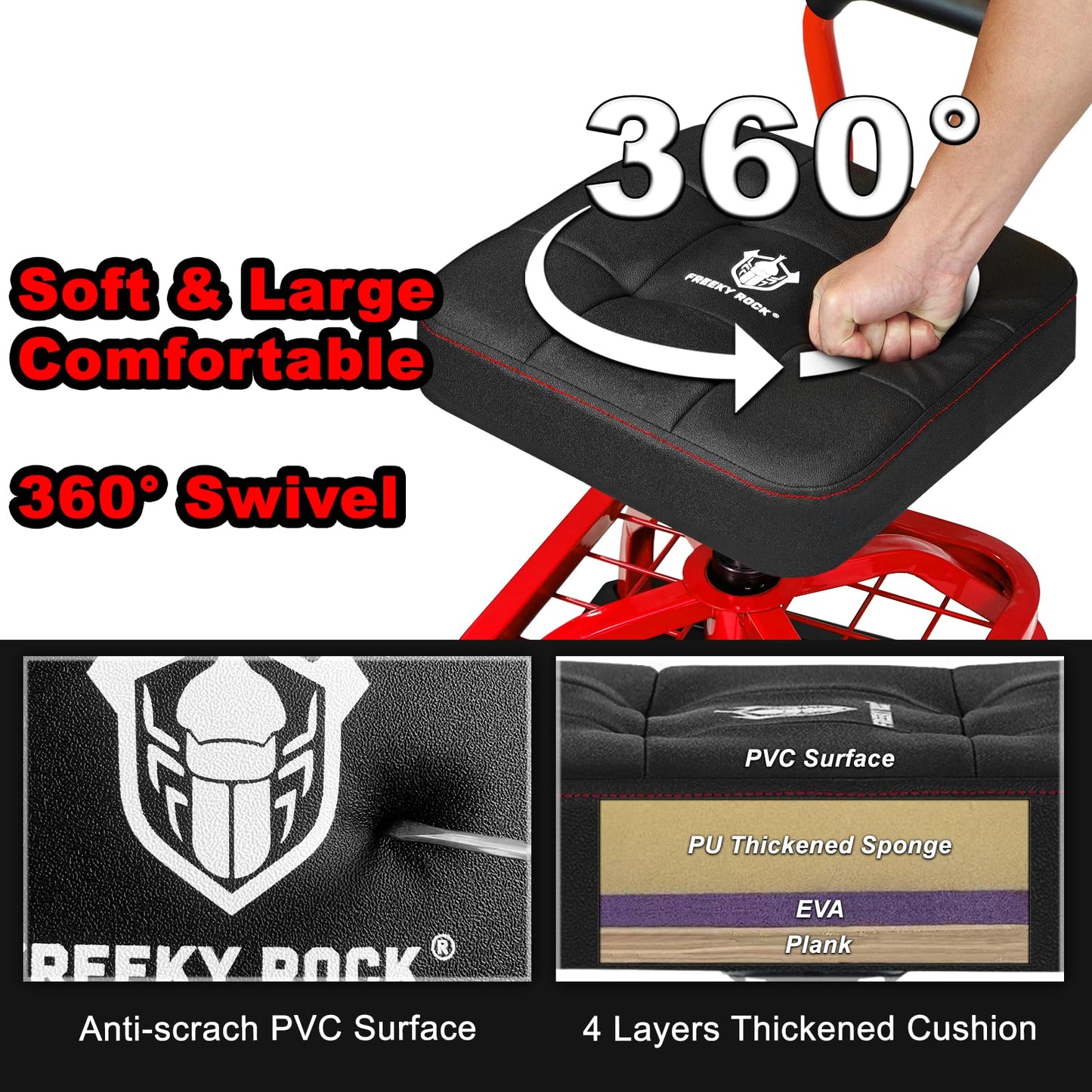 FREEKYROCK Rolling Shop Stool with Wheels, Garage Mechanic Shop Chair with Handle Backrest, Adjustable Height Work Stool, Roller Seat with Tool Tray Storage, Heavy Duty, 330 LBS Capacity, Red