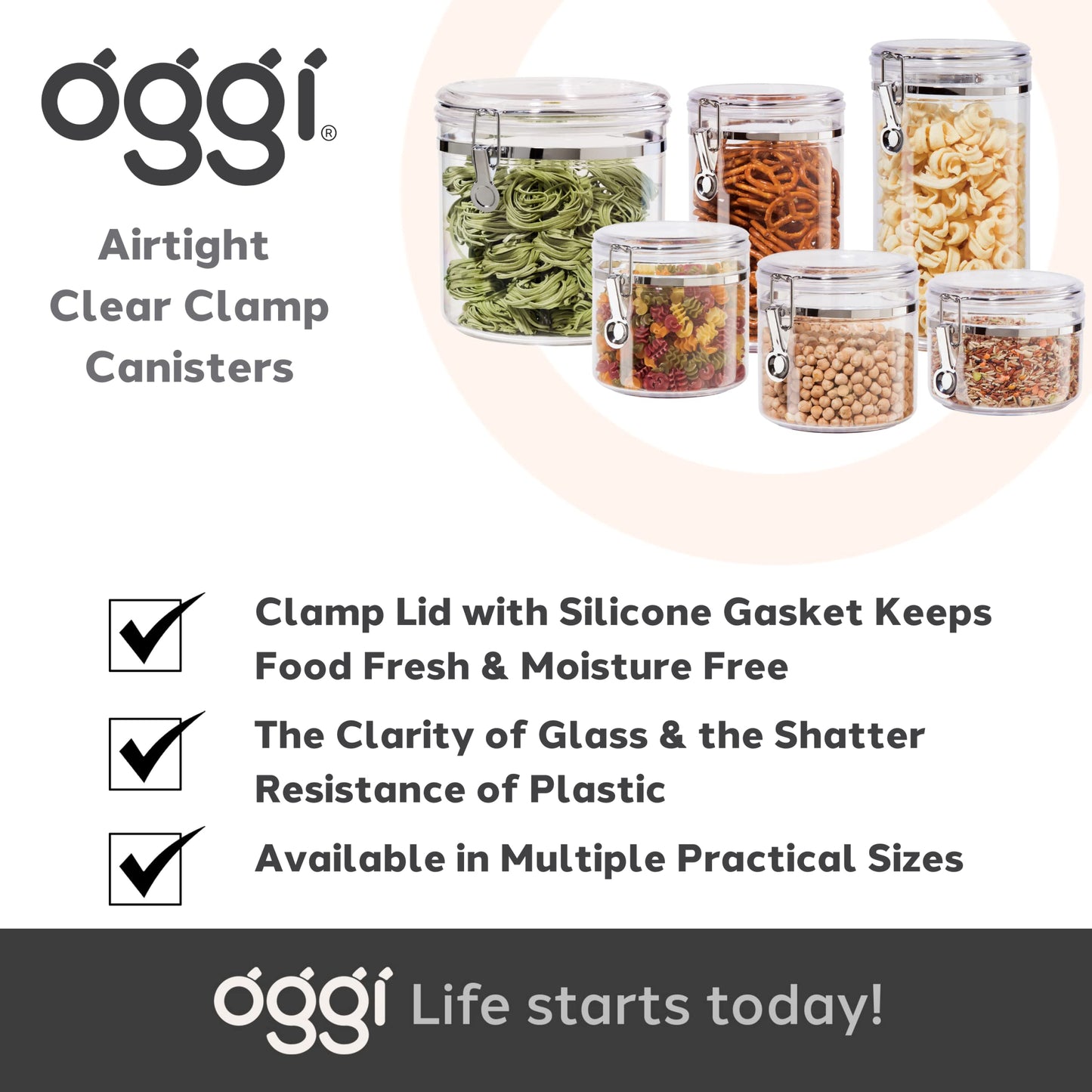 Oggi Clear Canister with Clamp Lid, 38 oz - Large Airtight Food Storage Container, for Kitchen & Pantry Storage of Bulk, Dry Foods Including Pasta, Flour, Sugar, Coffee, Rice, Tea, Spices & Herbs