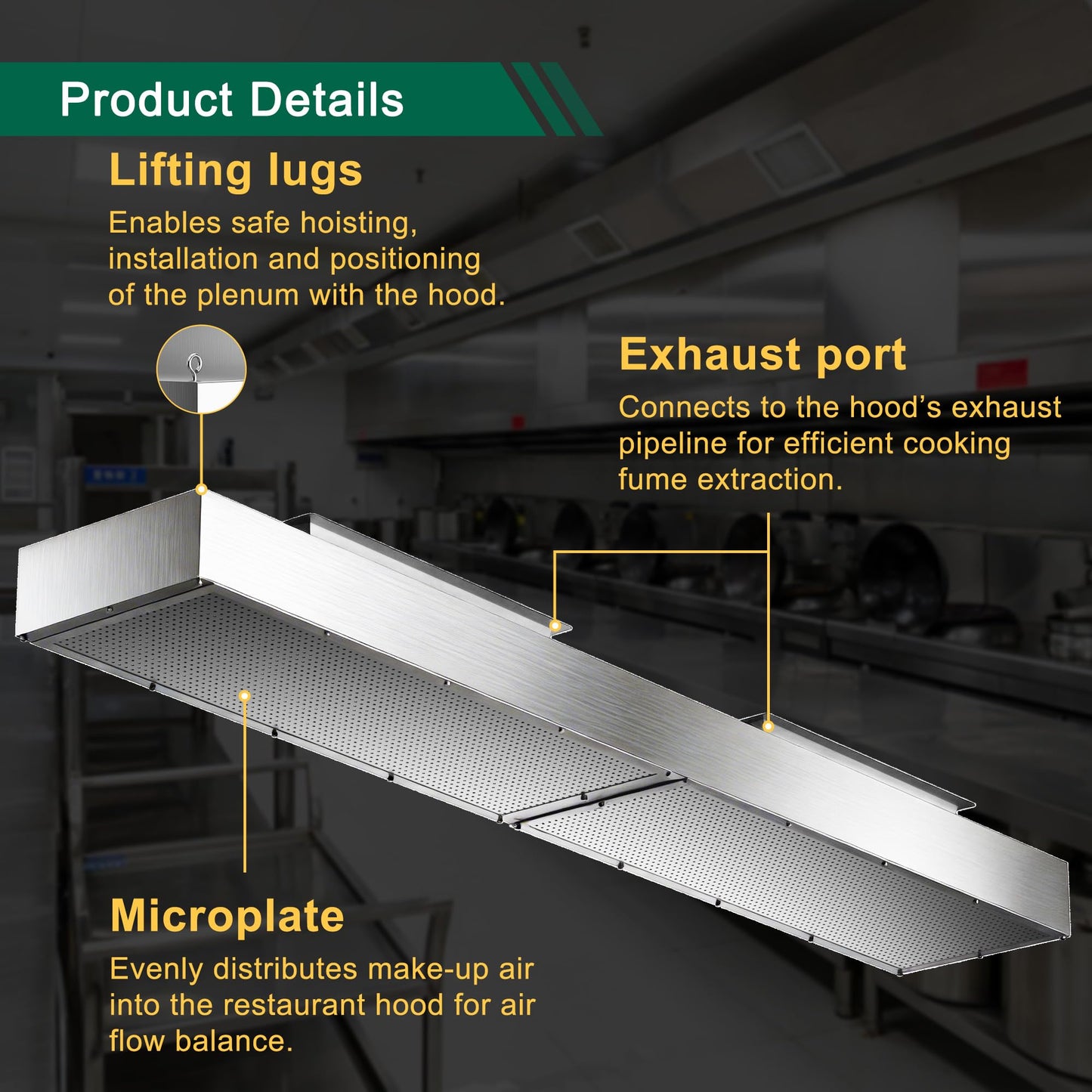 8ft Perforated Supply Plenum for Commercial Exhaust Hood–Makeup Air Hood Stainless Steel Air Supply Plenum with Microplate, Lifting Lugs & Dual Exhaust Ports
