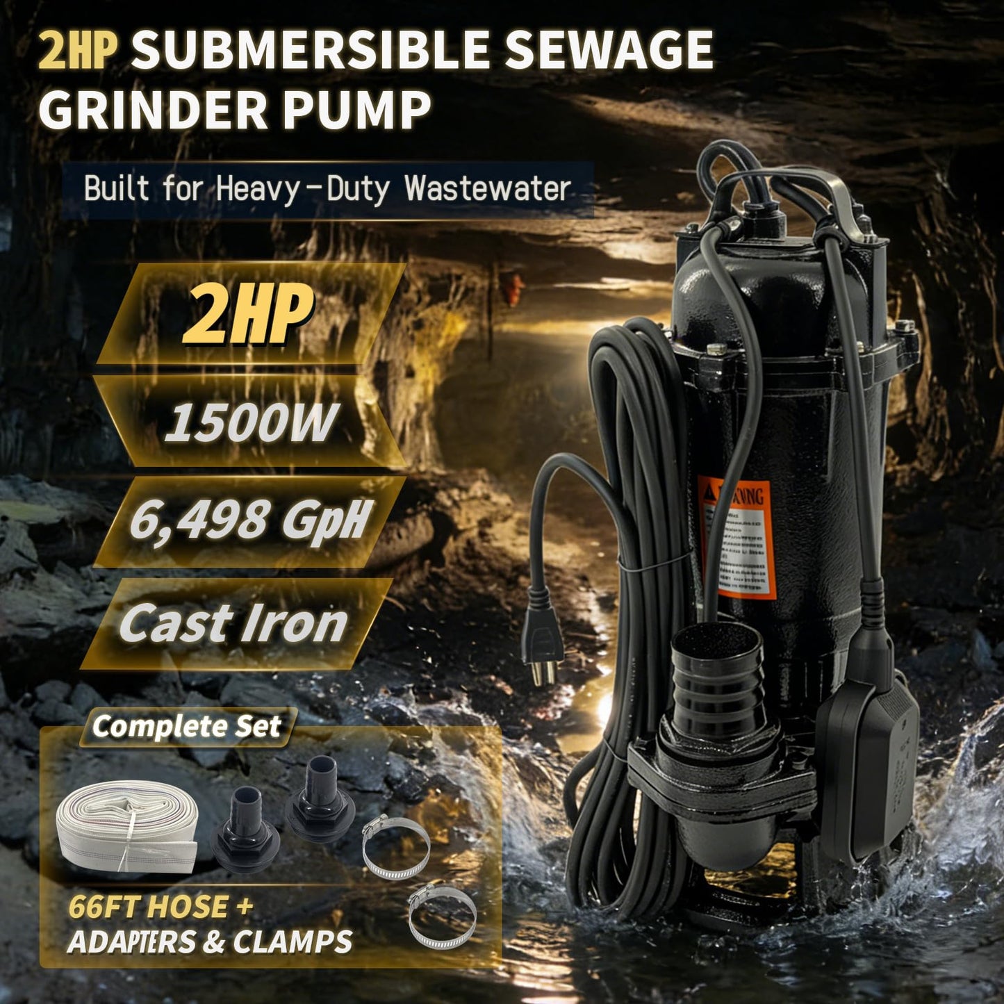 Submersible Sewage Grinder Sump Pump, 2HP 110V 1500W, 6498 GPH Cast Iron Sump Pump with Automatic Float Switch, 2'' NPT Discharge, 66ft Hose for Basement Sump Basin & Sewage Pit