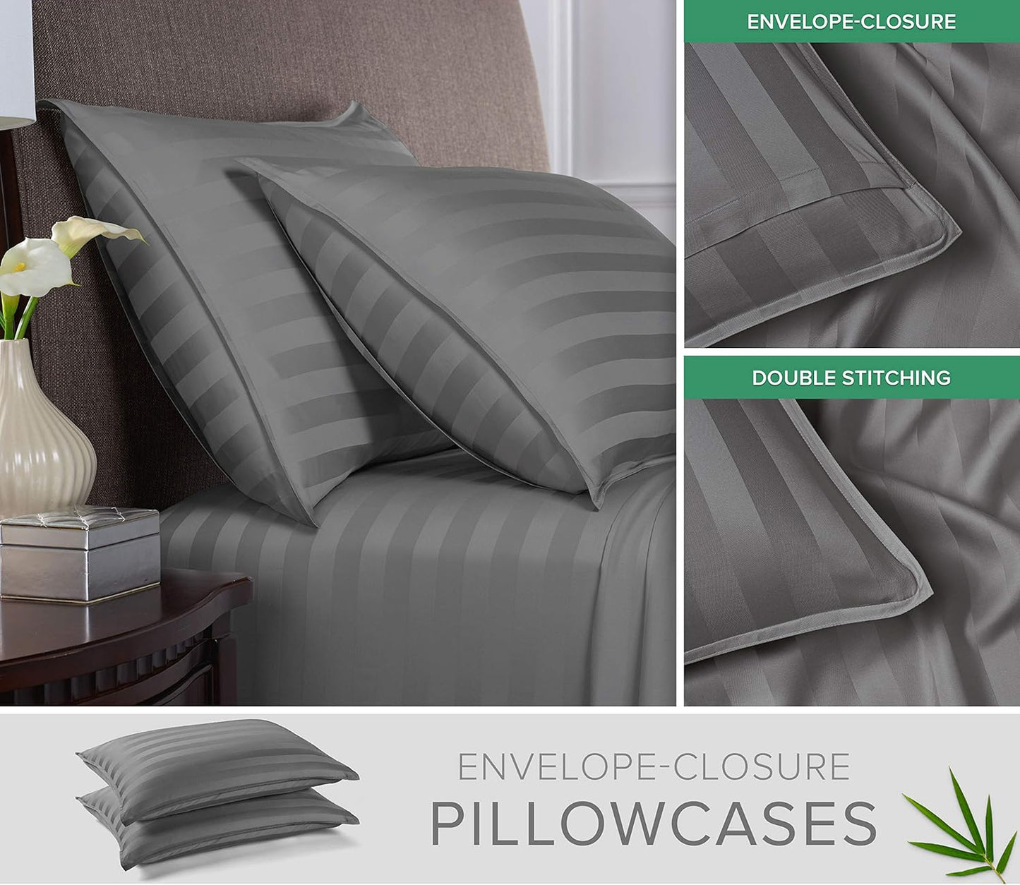 Pure Bamboo Full Bed Sheet Set - 100% Organic Viscose, Luxuriously Soft & Cooling | Jacquard Stone, Double Stitching