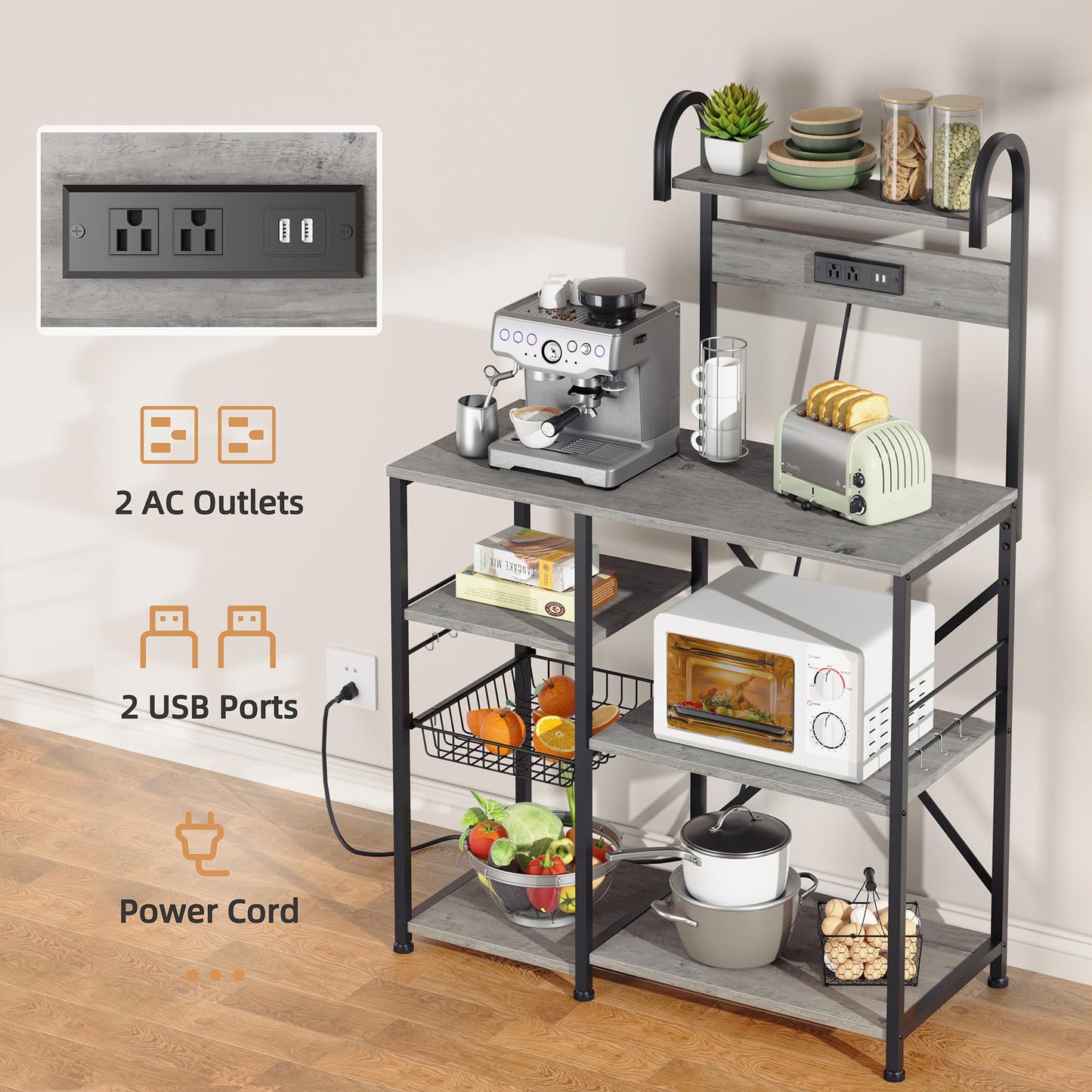 Shintenchi Kitchen Bakers Rack with Power Outlet, Multifunctional Organizer & Storage with 6 Hooks, Microwave Oven Stand, and Coffee Station Shelf, Grey