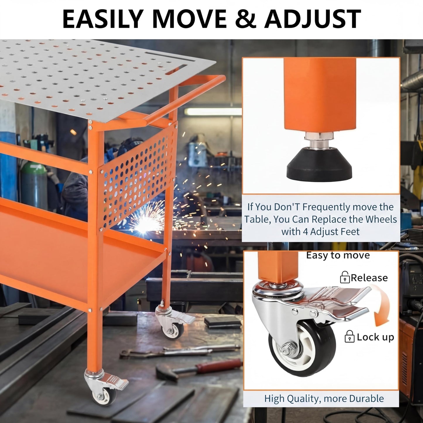 Welding Table, 36" x 24" Portable Welding Workbench, 800LBS Movable Garage Work Bench with 4 Wheels (2 with Brake) & 4 Leveling Feet, Double-Layer Storage Side Pegboard and Hooks