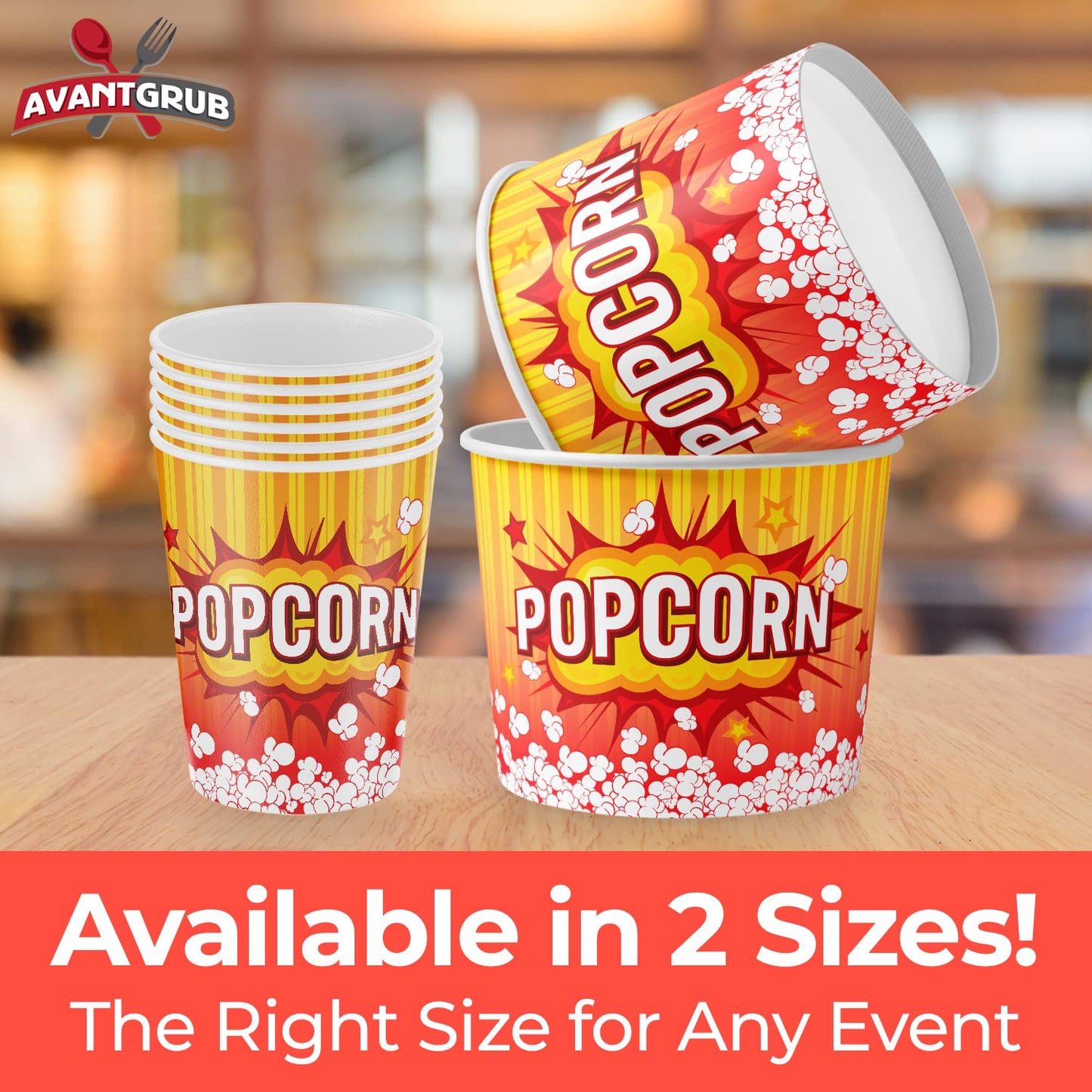 Greaseproof, Retro 85oz Popcorn Buckets 150 Pack. Durable Pop Corn Tubs in Red Yellow. Large Disposable Containers Perfect For Movie Night, Theme Party, Theater, Carnivals & Fundraisers