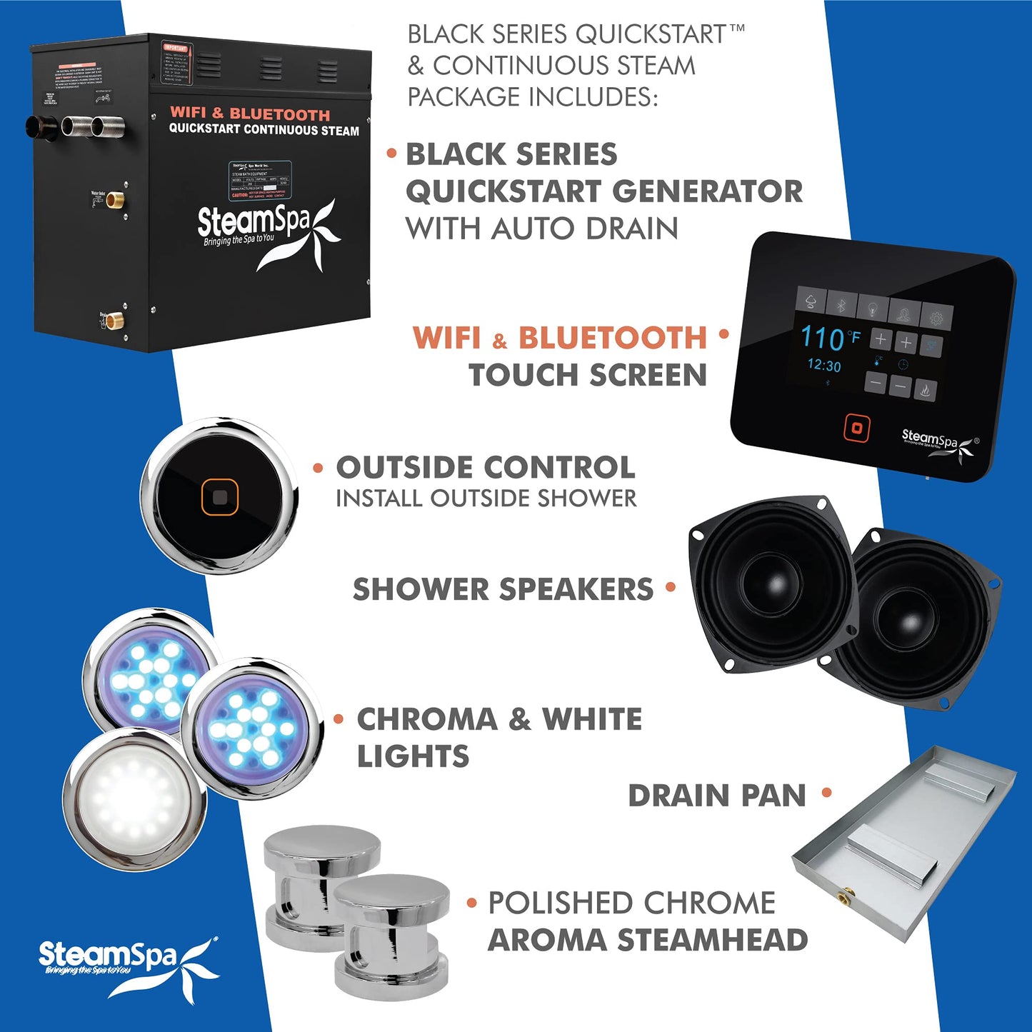 SteamSpa Generator with Quick Start Continuous Steam Technology, Wi-Fi, Bluetooth and Autodrain | 12kW Steam Generator with Chrome Steam Head with Aromatherapy Reservoir | SS-RVB1200CH-A