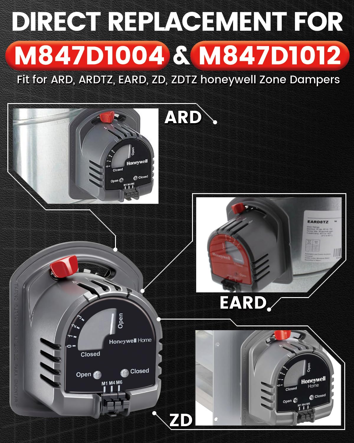 Replacement for M847D-Zone Honeywell Damper Motor 24V Fit for Honeywell Zone Damper ARD ARDTZ EARD ZD ZDTZ, M847D HVAC Damper Actuator Replace M847D1004 & M847D1012 Ten Year Free Replacement