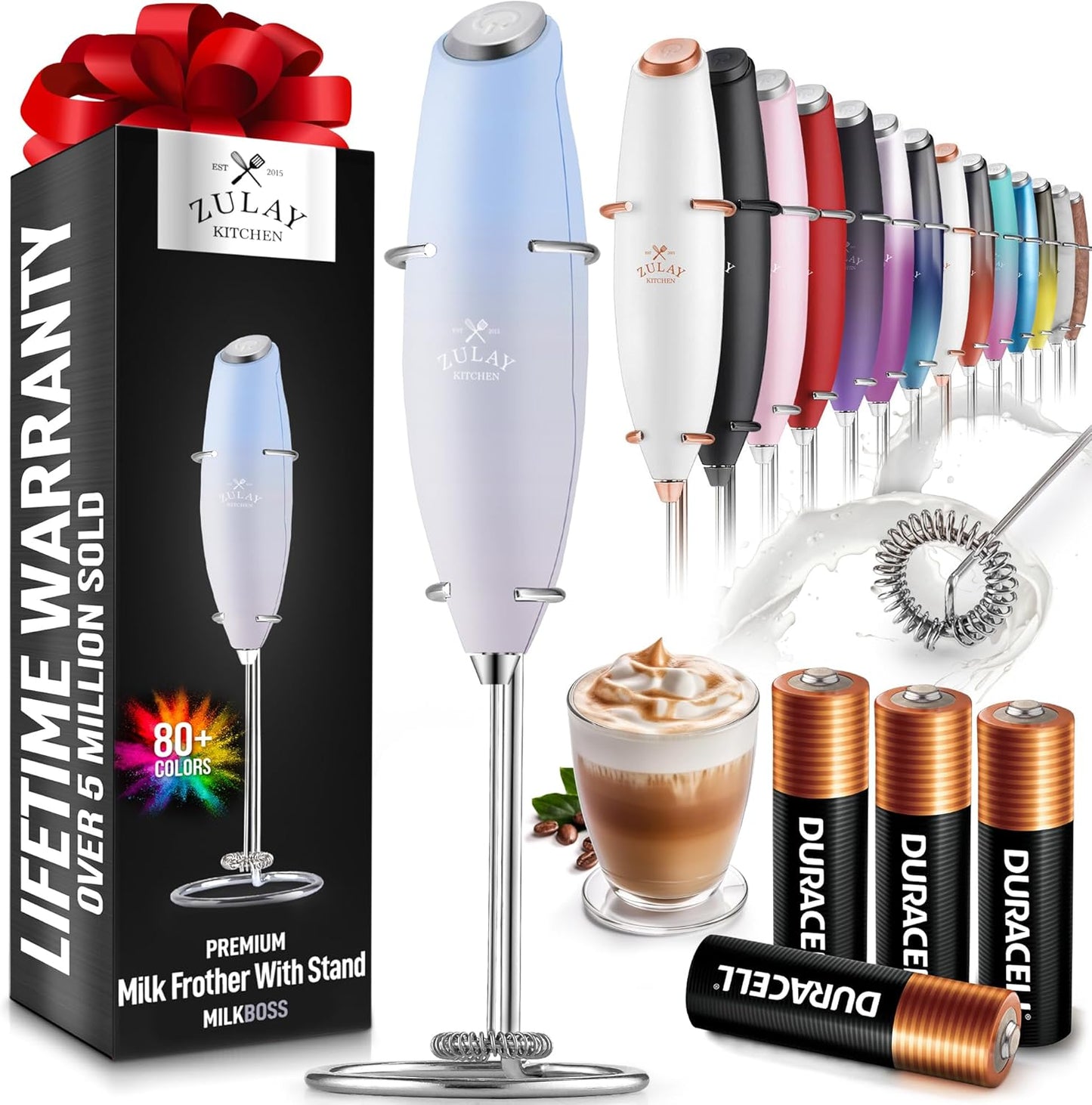 Zulay Kitchen Milk Frother Wand - Ultra-Fast Handheld Electric Whisk for Coffee & Lattes | Includes 4 AA Batteries