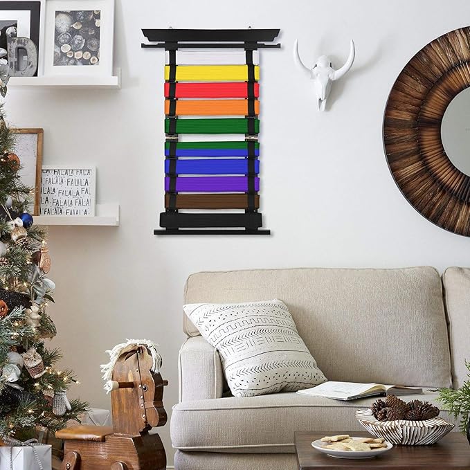 JUXYES Wall Hanging Martial Arts Belts Organizer for 10 Belts with Medal Hanger and Stickers, Bamboo Karate Belt Display Holder Rack, Taekwondo Belt Display Holder for Martial Arts Learners
