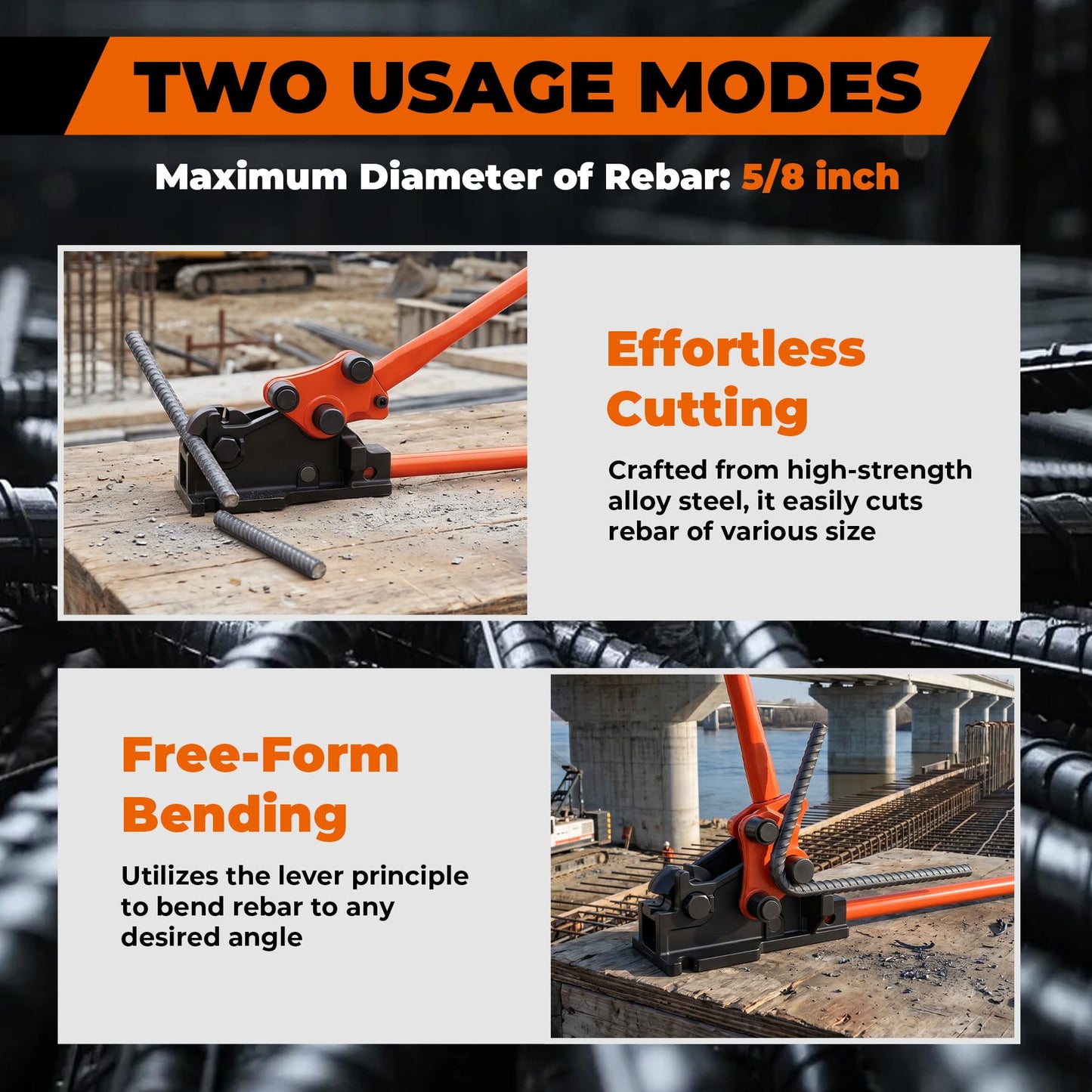 2 in 1 Rebar Bender & Cutter Metal Bending Tool Manual Rod Bender Easy Rebar Cutter & Bender Bending Machine for Rebar up to 5/8"