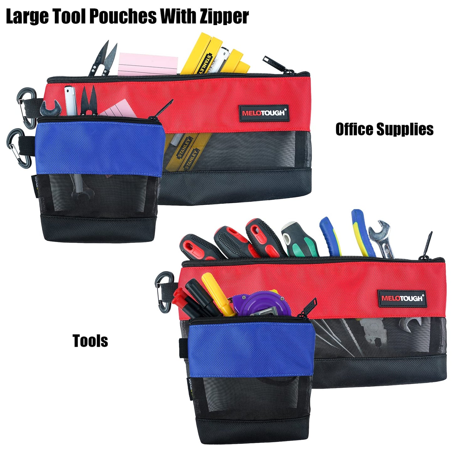 MELOTOUGH 2 Pack Zipper Utility Tool Bag，Small Zipper Bags/Multi-Purpose Tool Pouch Tote Bags Storage Organizer with Mesh Window for Screwdrivers,Pliers,Nut Drivers