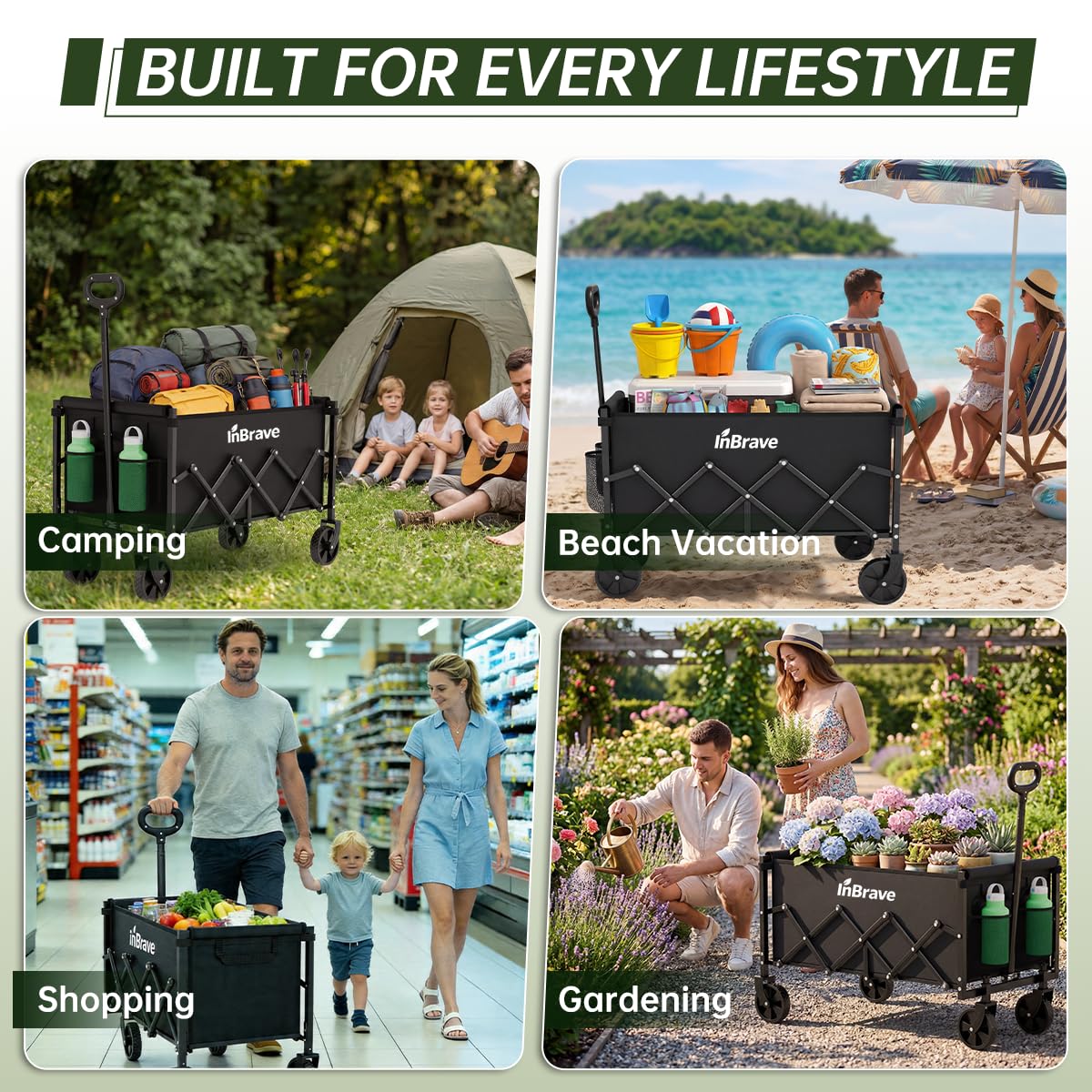 Collapsible Wagon Cart Foldable Beach Wagon with All-Terrain Wheels - 380 LBS Heavy Duty Grocery Cart for Shopping, Beach, Camping, Sports, Garden (Black)