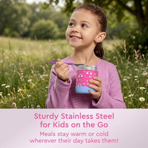 Bentgo Kids Stainless Steel Food Jar - 11oz Leak-Proof Double Insulated Hot or Cold Food Container with Removable Silicone Bumper, Dishwasher Safe, Easy Open Lid, Ages 3+ (Rainbows and Butterflies)