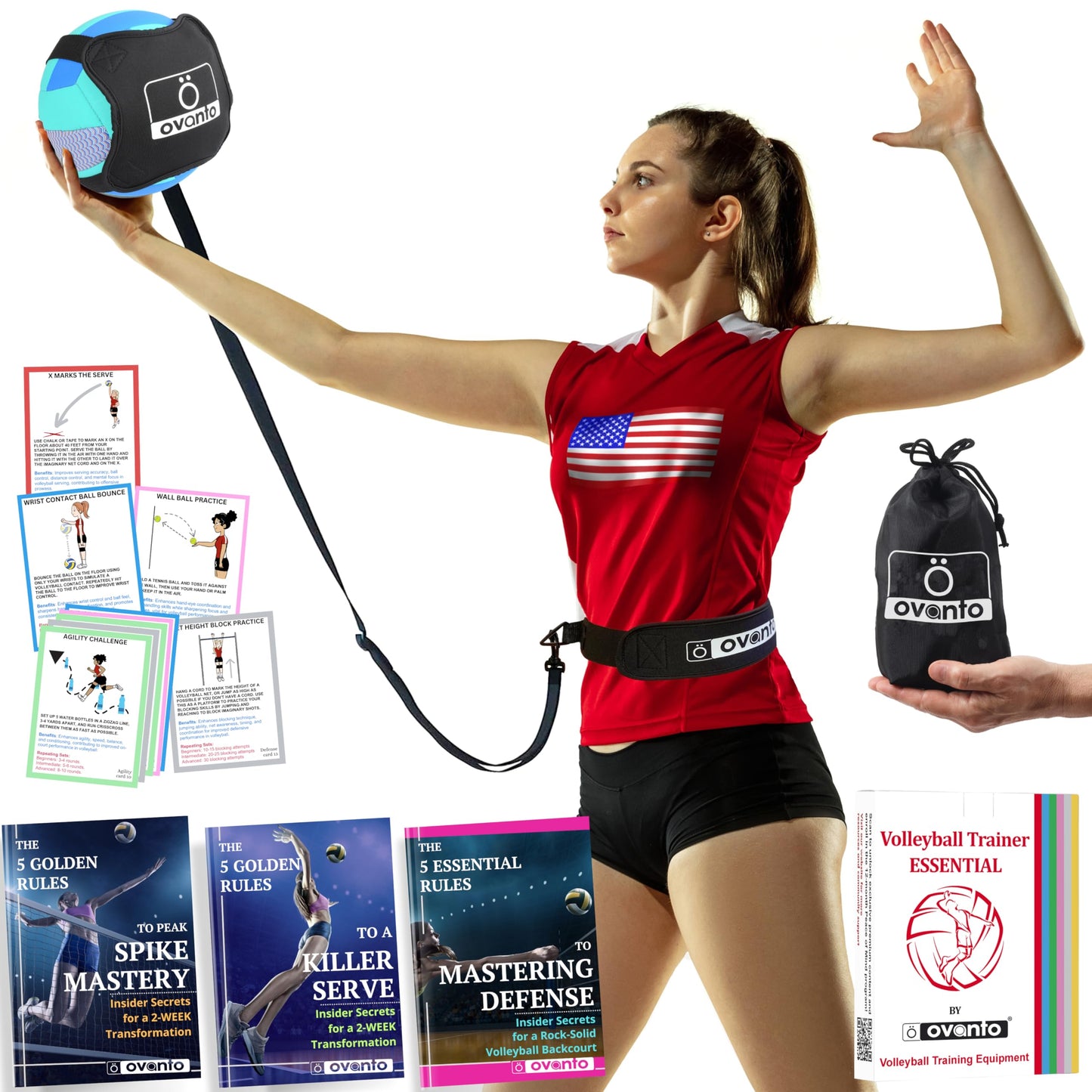 OVANTO Volleyball Training Equipment Aid – Adjustable Practice Volleyball Kit with Ultra-Stretch Neoprene, Exclusive Nylon Bag & Premium Content with Free ebooks, Best Gift for Beginners & Experts
