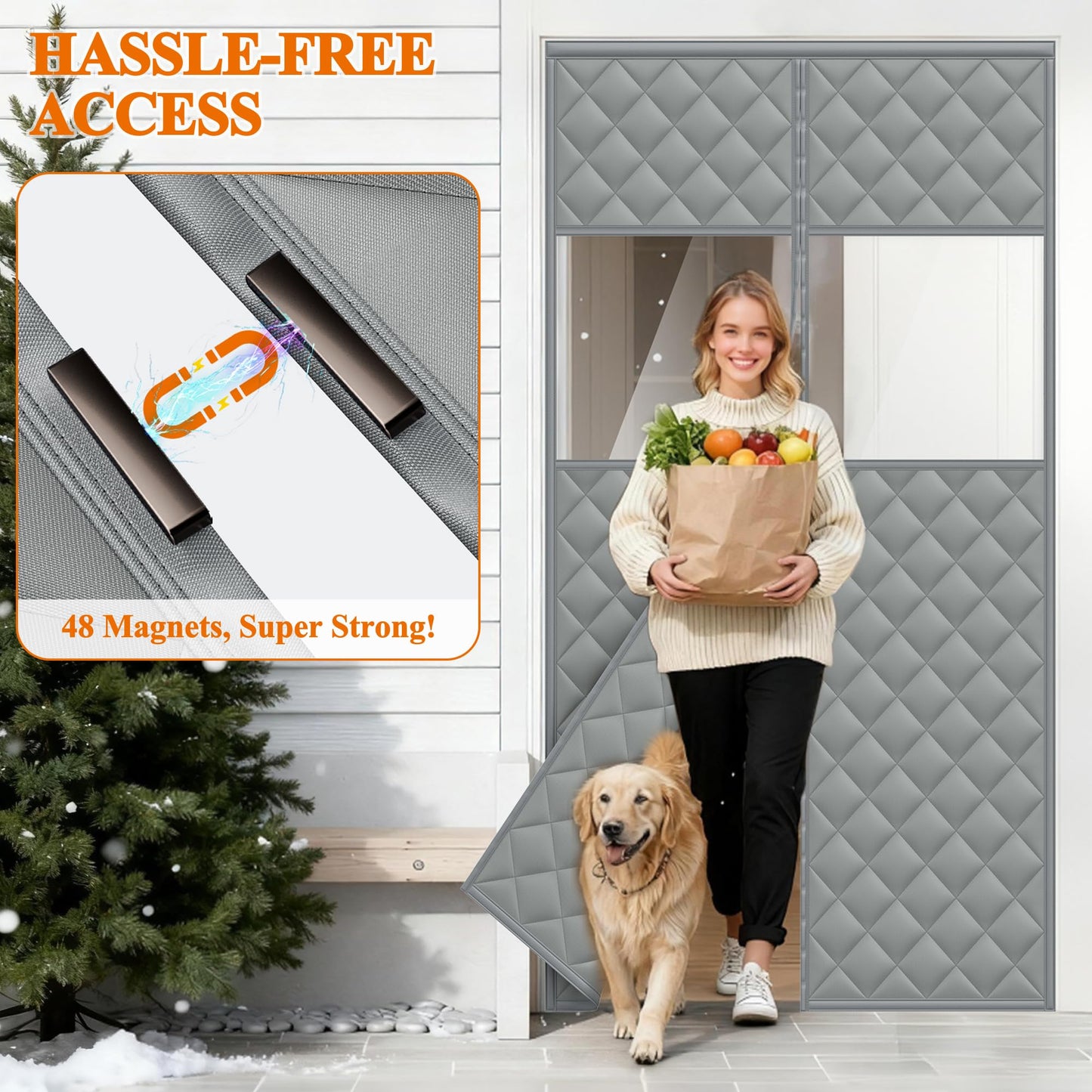 MAGZO Magnetic Thermal Insulated Door Curtain with Perspective Window, 38" x 82", Oxford Filled with Thicken Cotton, Insulation Cover Blanket for Winter/Extra-Wide ‌Entry‌ Door, Keep Cold Out, Grey