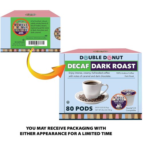 Double Donut Coffee Decaf Dark Roast Pods - Extra Bold Single Serve for Keurig | 80 Recyclable Pods