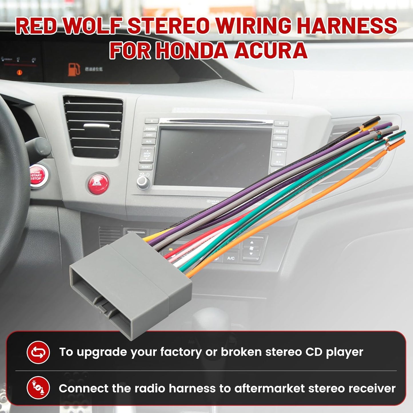 2007-2011 1989-2015 RED WOLF Radio Wiring Harness Compatible with Honda Civic CR-V Odyssey Pilot Acura RDX NSX RL TL