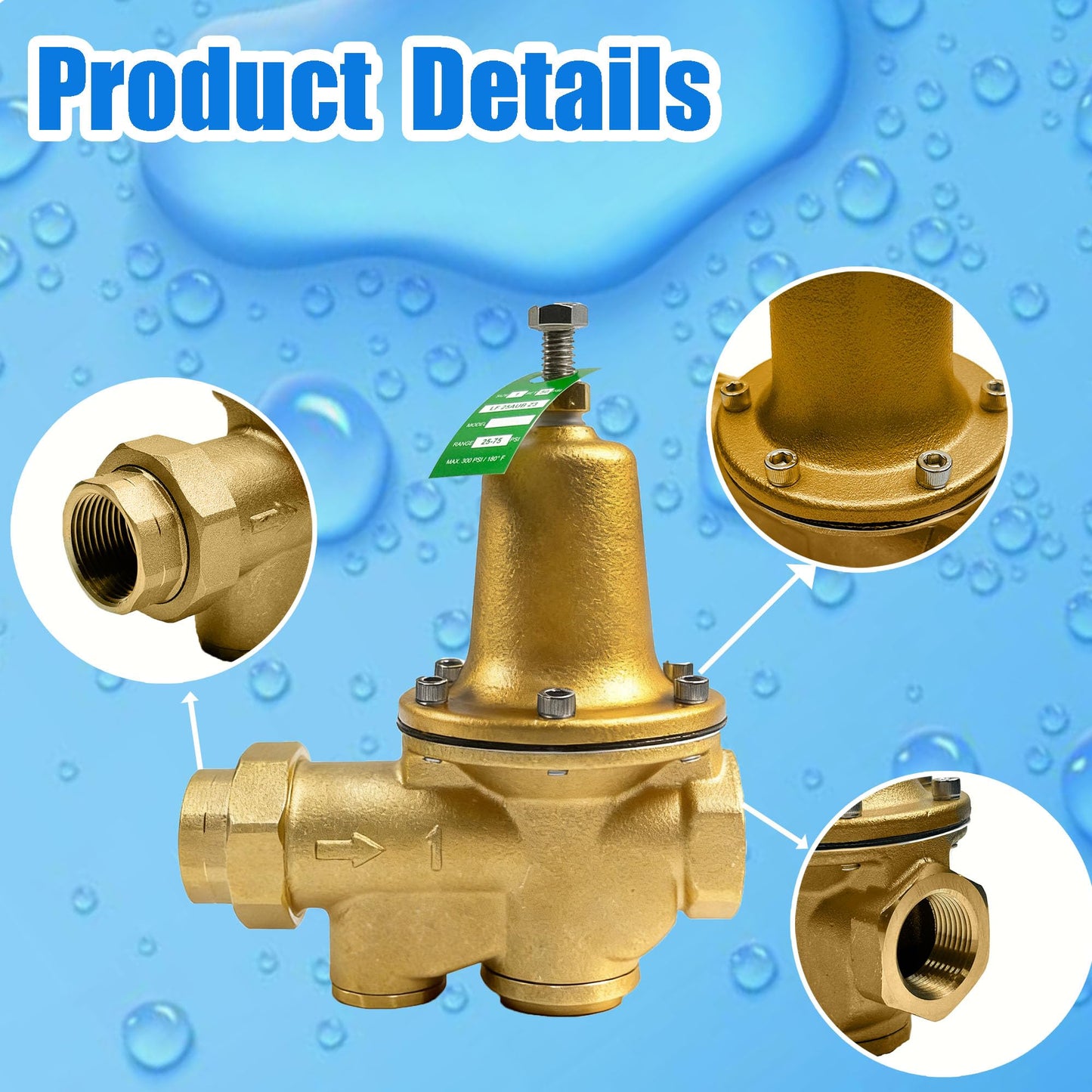 LF25AUB-Z3 1" Water Pressure Reducing Valve,Lead-Free Cast Copper Silicon Alloy,NPT Female Union x NPT Female Outlet,Polymer Seat, Adjustable Pressure 25 to 75 psi, Maximum 300 psi