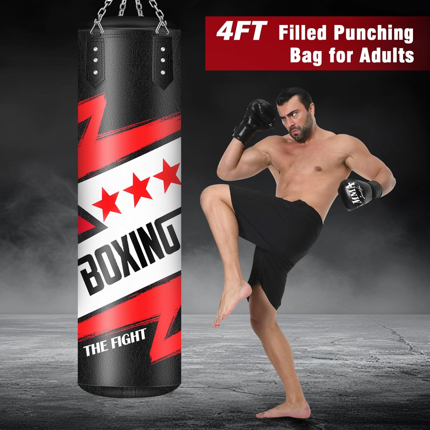 Filled Punching Bag for Adults, 4FT PU Leather Hanging Boxing Bag with 11lb Sponge Filler & 12OZ Boxing Gloves, Heavy Kicking Bag Boxing Equipment for MMA Training Karate Kickboxing