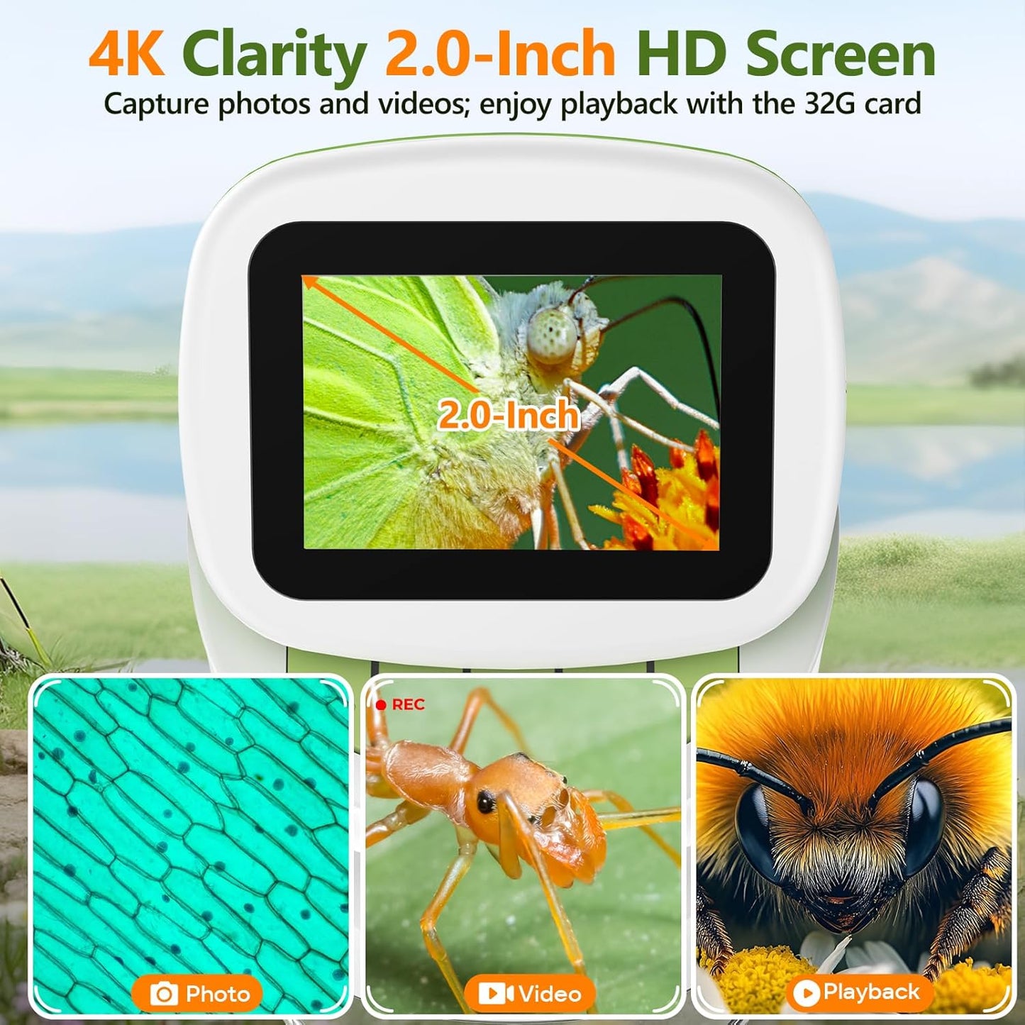 BEBANG 4K 2.0" 1000X 4-12 Set, 32G Detachable Kids Handheld Microscope Miniscope - HD Screen, Digital Pocket Toy