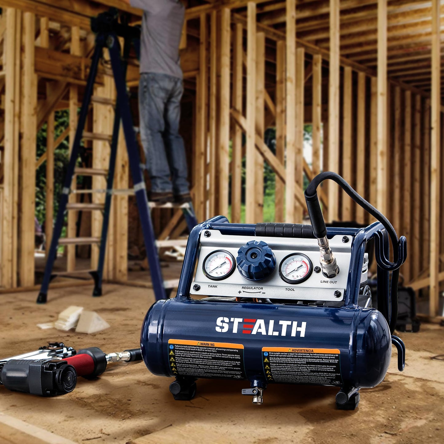 STEALTH Air Compressor 1 Gallon, 1/2HP Max 125 PSI, Induction Motor, 0.8 CFM@90PSI, 1.3 CFM@40PSI, Oil-Free Maintenance Free Light Weight Electric Air Tools for Drilling, Nailing, Grinding, SAUQ-1105