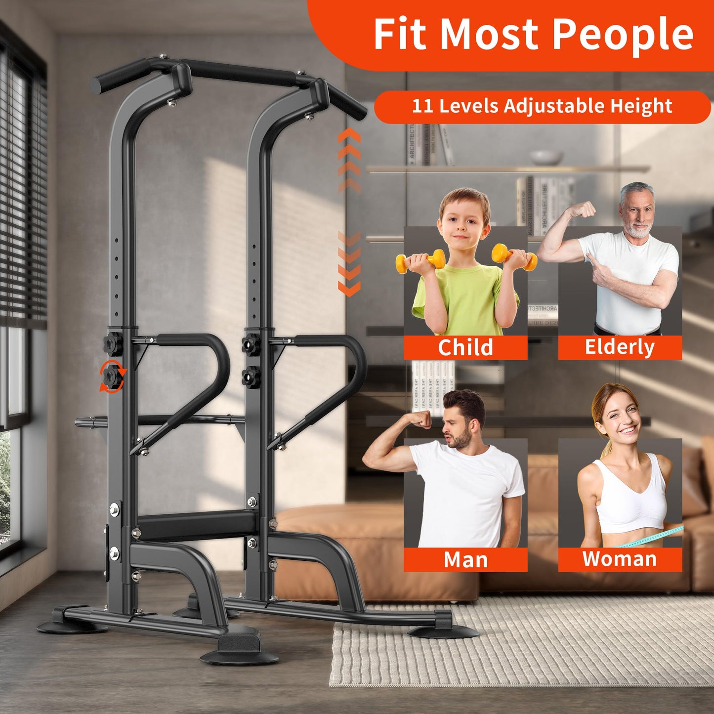 SogesHome Power Tower 11 Height Adjustable Pull Up Bar and Dip Station Multi-Function Strength Training Fitness Equipment for Home Office Gym