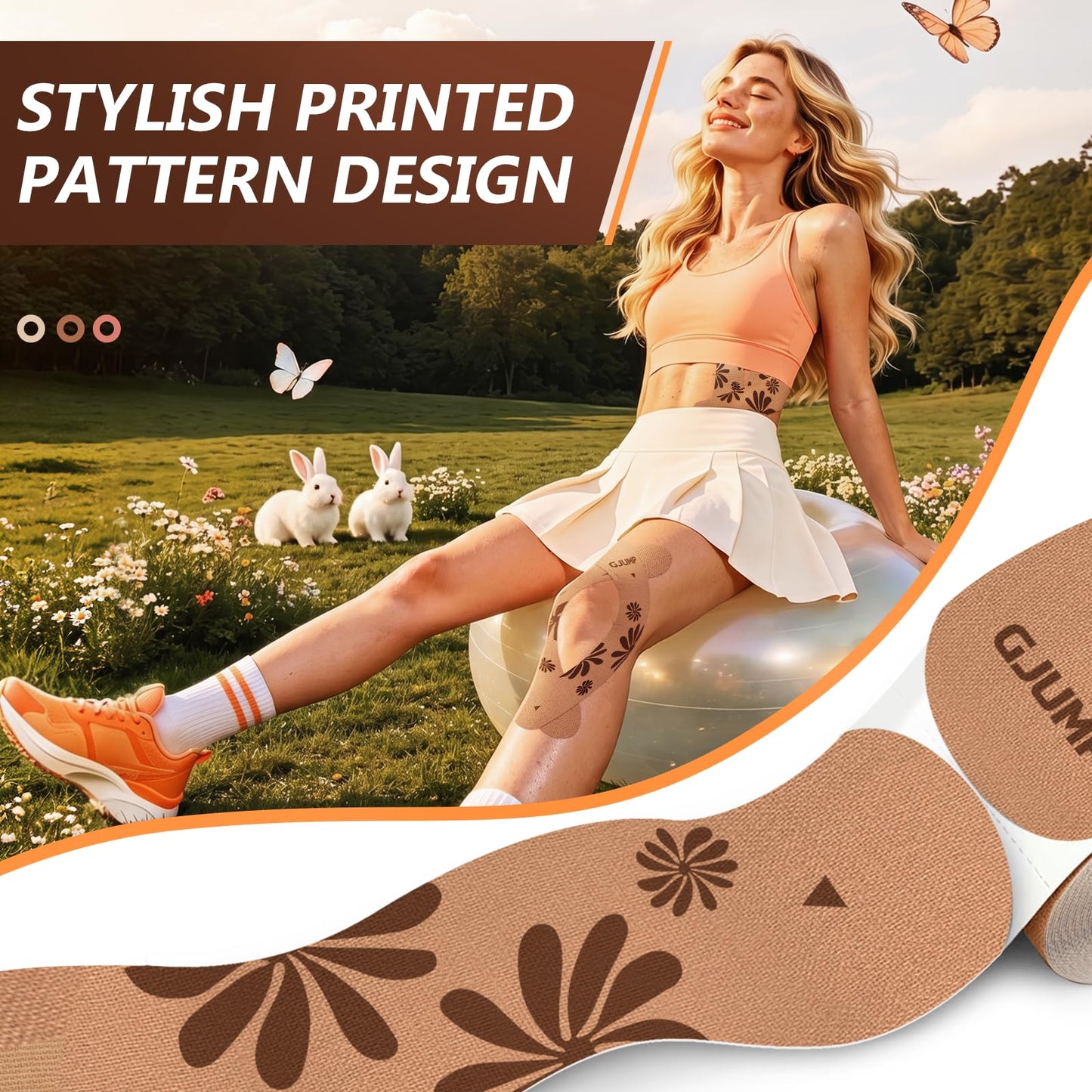 GJUMP Floral Sports Kinesiology Tape – 40 Precut Strips, Athletic Tape for Running, Dance, Yoga & Daily Support, Waterproof Cotton Tape for Muscle Relief & Joint Support (Beige Floral)