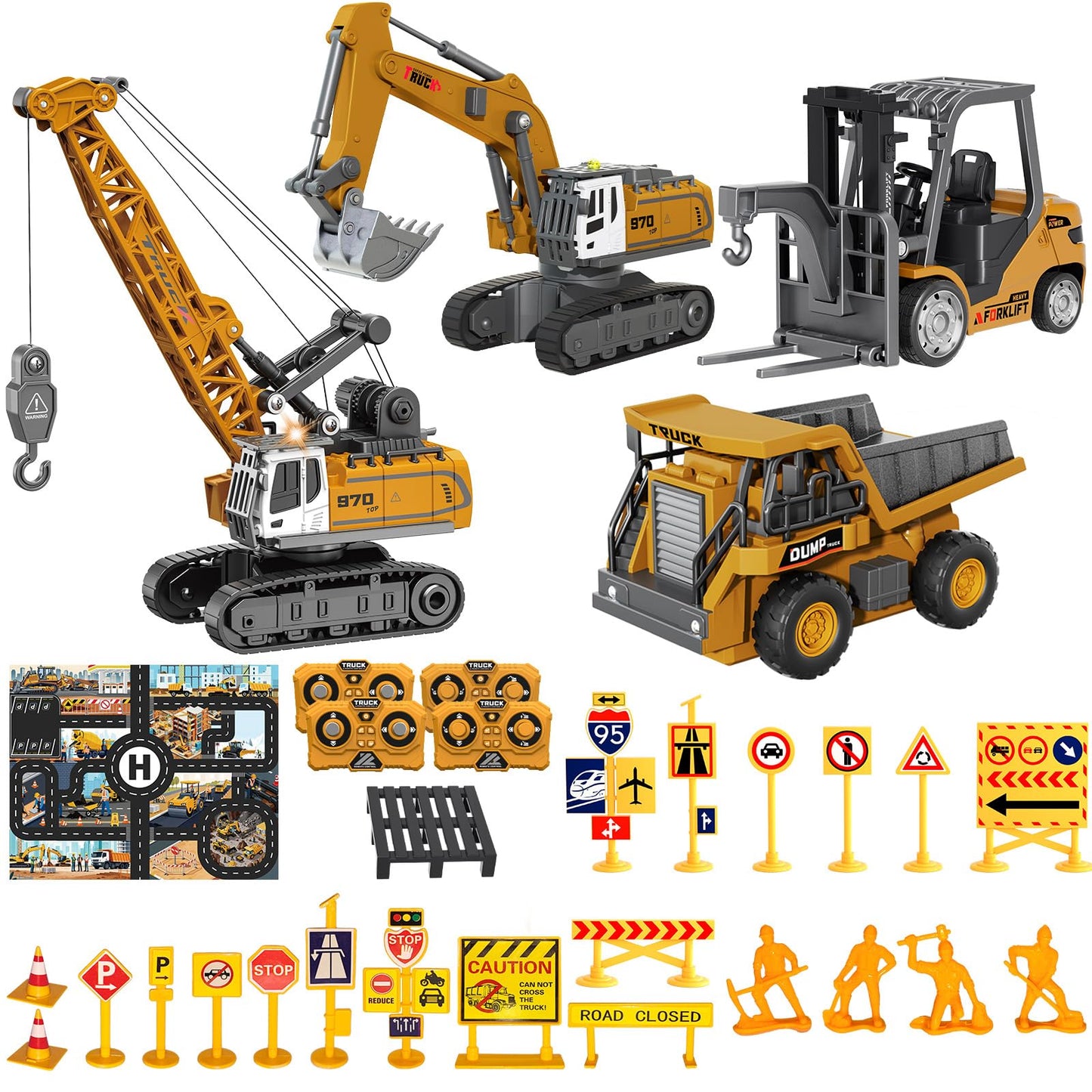 4 PCS RC Construction Vehicles Set with Mini Excavator dump truck Forklift and crane USB Charge Real Lights & Sounds and Movable Parts & Traffic Sign Simulate True Scale Birthday Gifts for Kids Adults