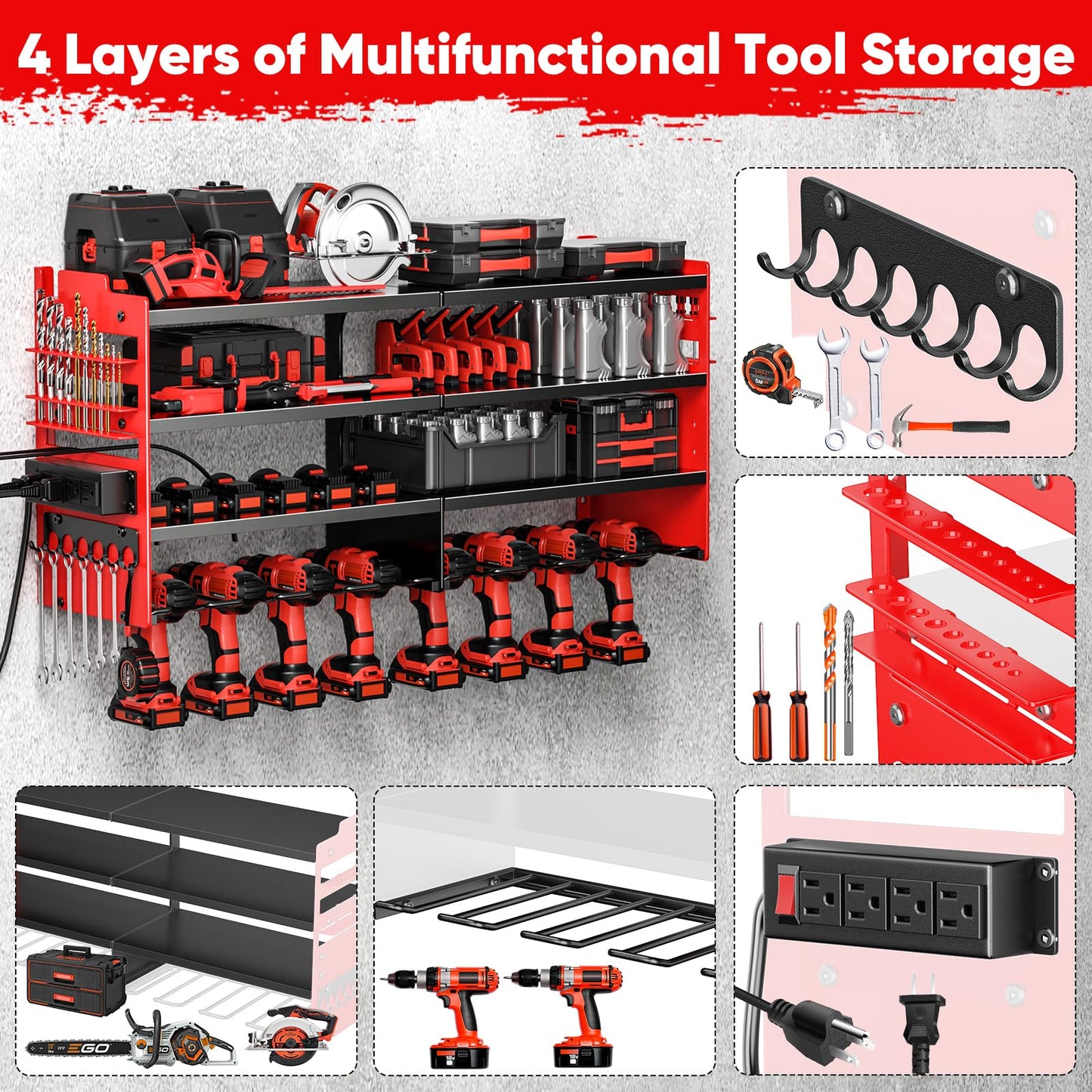 POKIPO Large Power Tool Organizer Wall Mount with Charging Station,4 Layer Heavy Duty Metal Tool Storage Shelf Loads 600lbs,Battery Utility Rack With 4 Outlet Power Strip with 8 Cordless Drill Holder