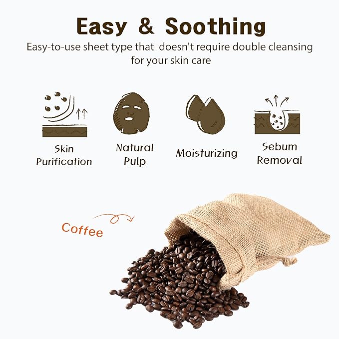 Purederm Coffee Essence Collagen Mask (12 Pack) - Coffee Extracts and Soothing Ingredients to Care for Your Tired Skin in a Comfortable…