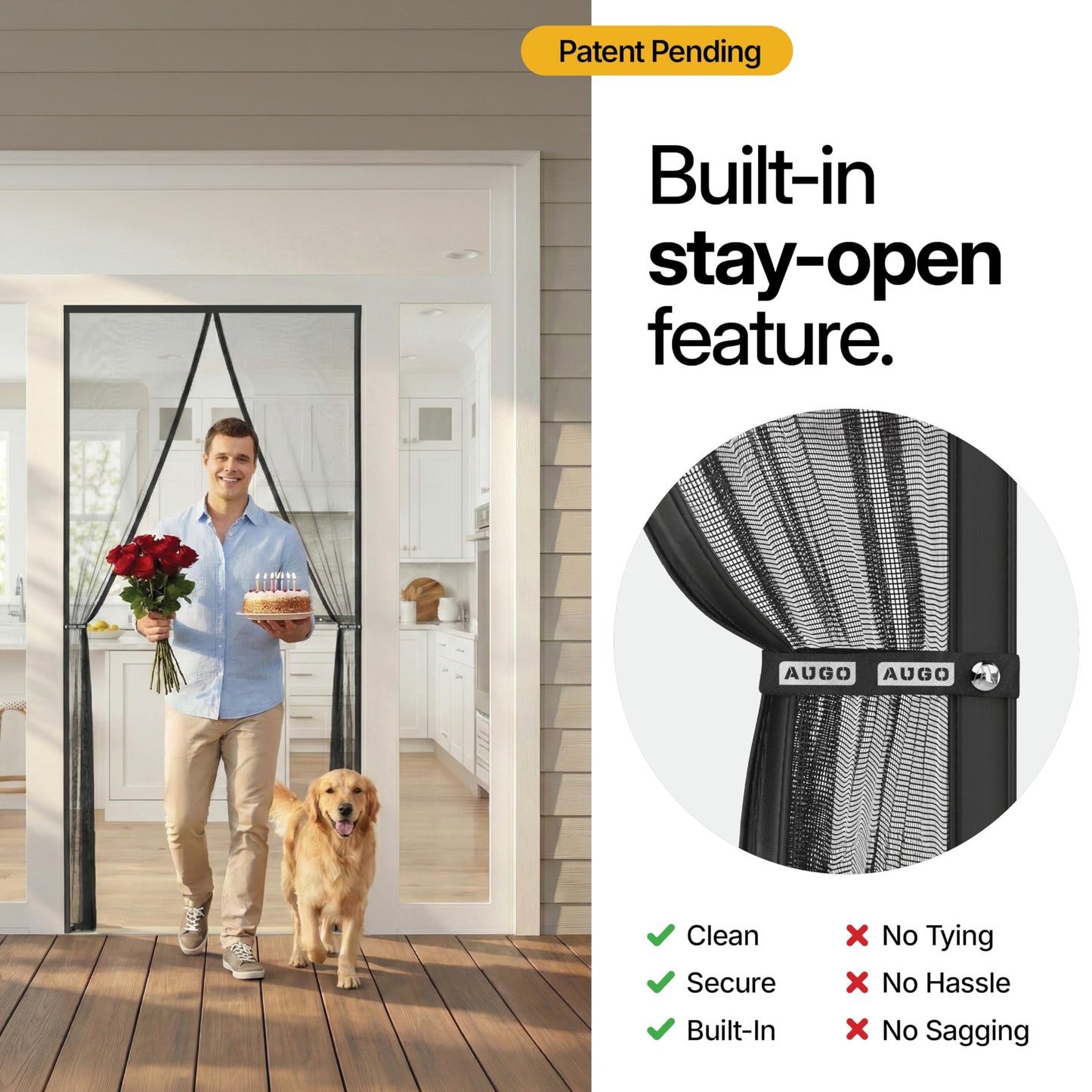 AUGO Magnetic Screen Door - Self Sealing, Heavy Duty, Hands Free Mesh Partition Keeps Bugs Out - Pet and Kid Friendly - Patent Pending Keep Open Feature - 38 Inch x 83 Inch