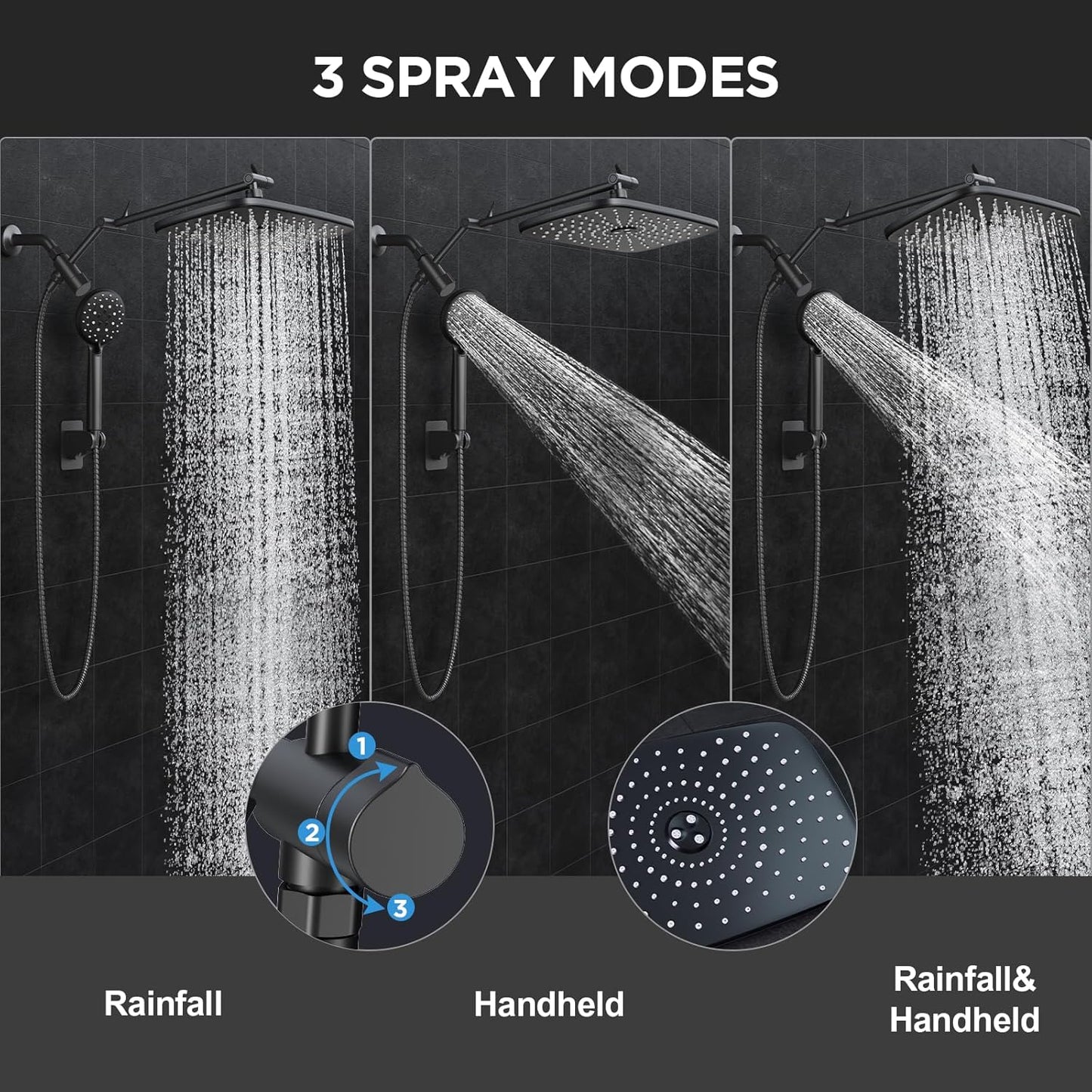 Veken Rain Shower Head - High Pressure Handheld Shower with Multi Spray Modes | 11.8" Matte Black