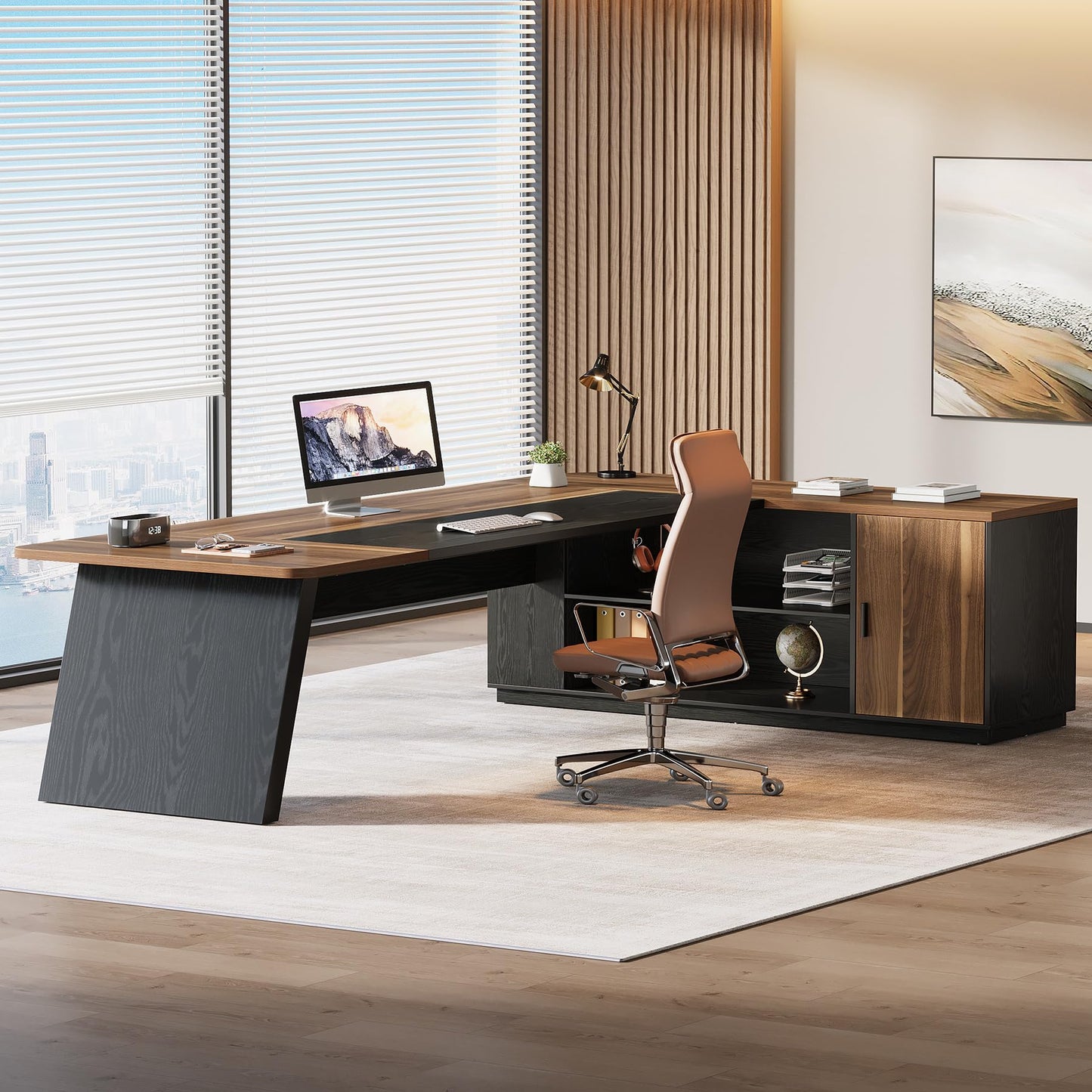 Tribesigns 79-Inch Executive Desk, Large Office Desk with Cabinet, L-Shaped Compter Desk with Storage Shelves, Writing Table for Home Office, Brown and Black