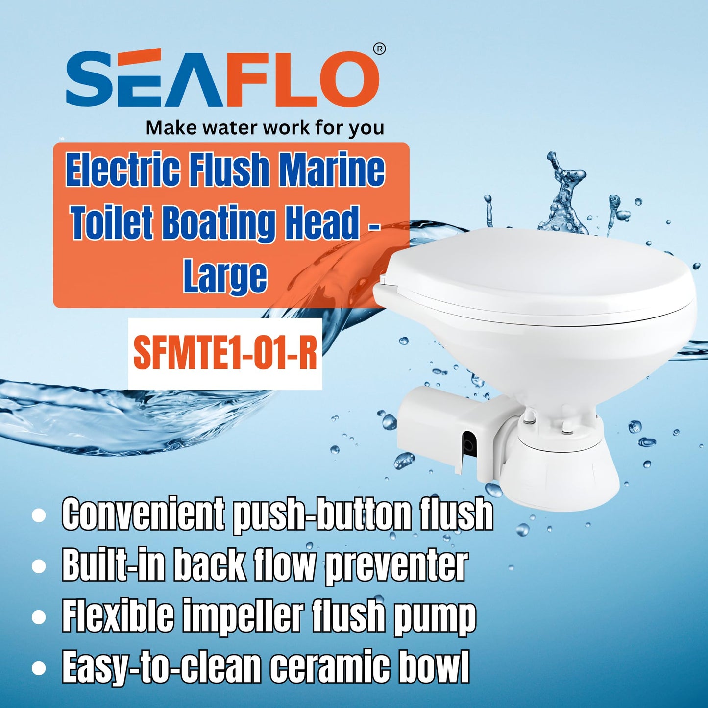 SEAFLO 12V Electric Flush Marine Toilet – Large Size Marine Head – Corrosion Resistant Construction – Built-In Backflow Preventer – Stainless Steel Shaft – Permanent Magnet Motor - 4 Year Warranty!
