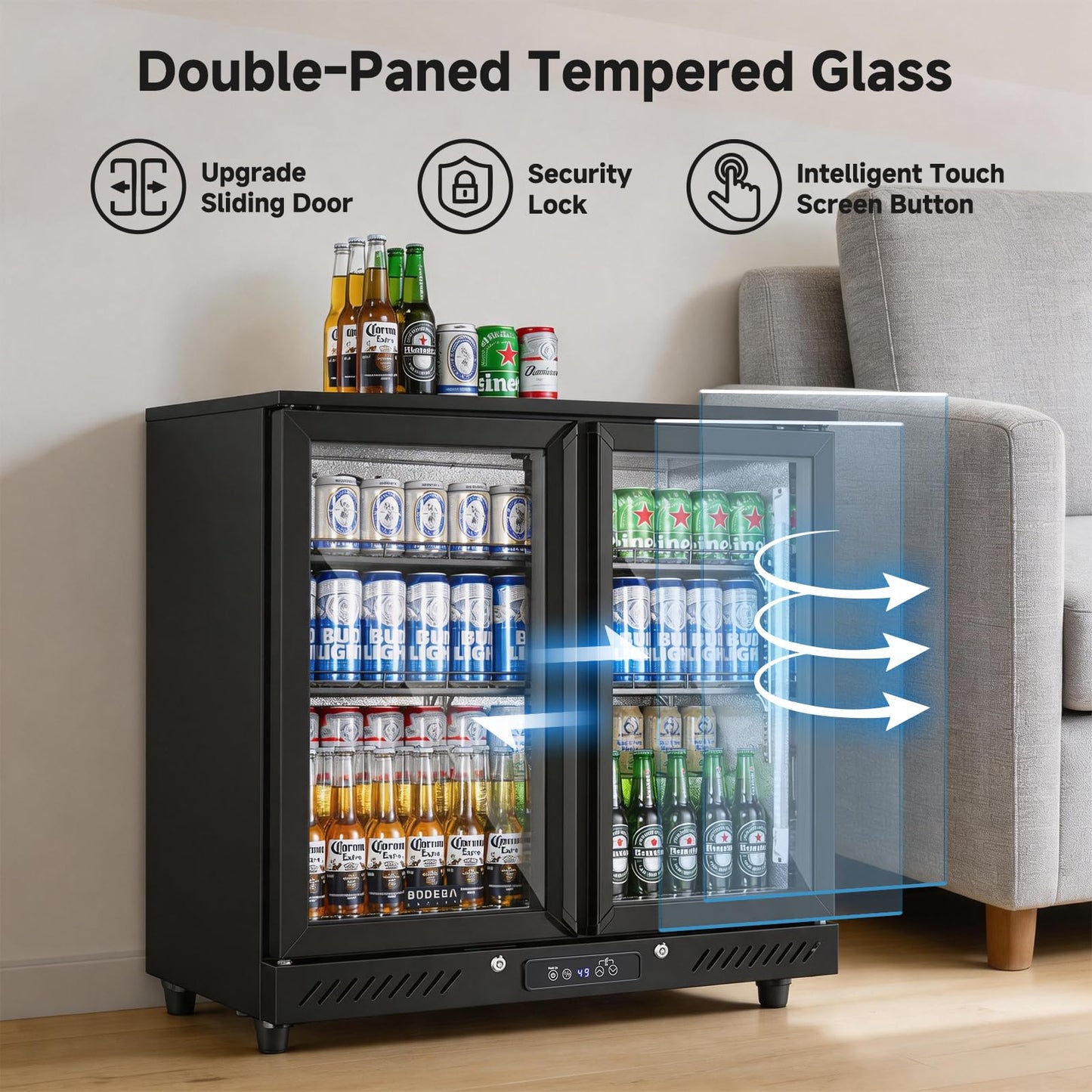 BODEGACOOLER 2 Door Back Bar Cooler, 7.4 Cu.Ft Commercial Beverage Refrigerator, Under Counter Drink Fridge with Glass Doors, Holds 209 Cans/117 Bottles, LED Lighting, Stainless Steel Top & Casters