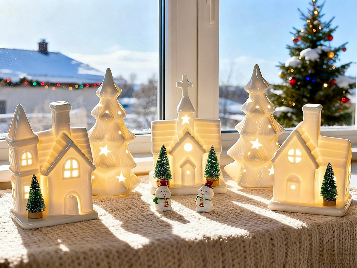Skiennix Christmas Village Set - 11 Pcs Ceramic Decor with 3 Lighted Houses & Trees | Festive Tabletop Display