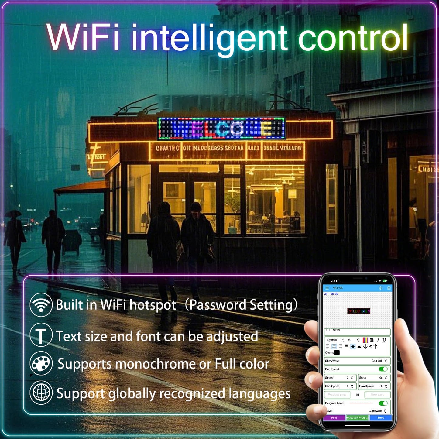 HIJH SAIL Outdoor Programmable Led Sign Waterproof Scrolling Digital Business Advertising Display Screen Custom Electronic Message Board Brightness App Control(39"X8")